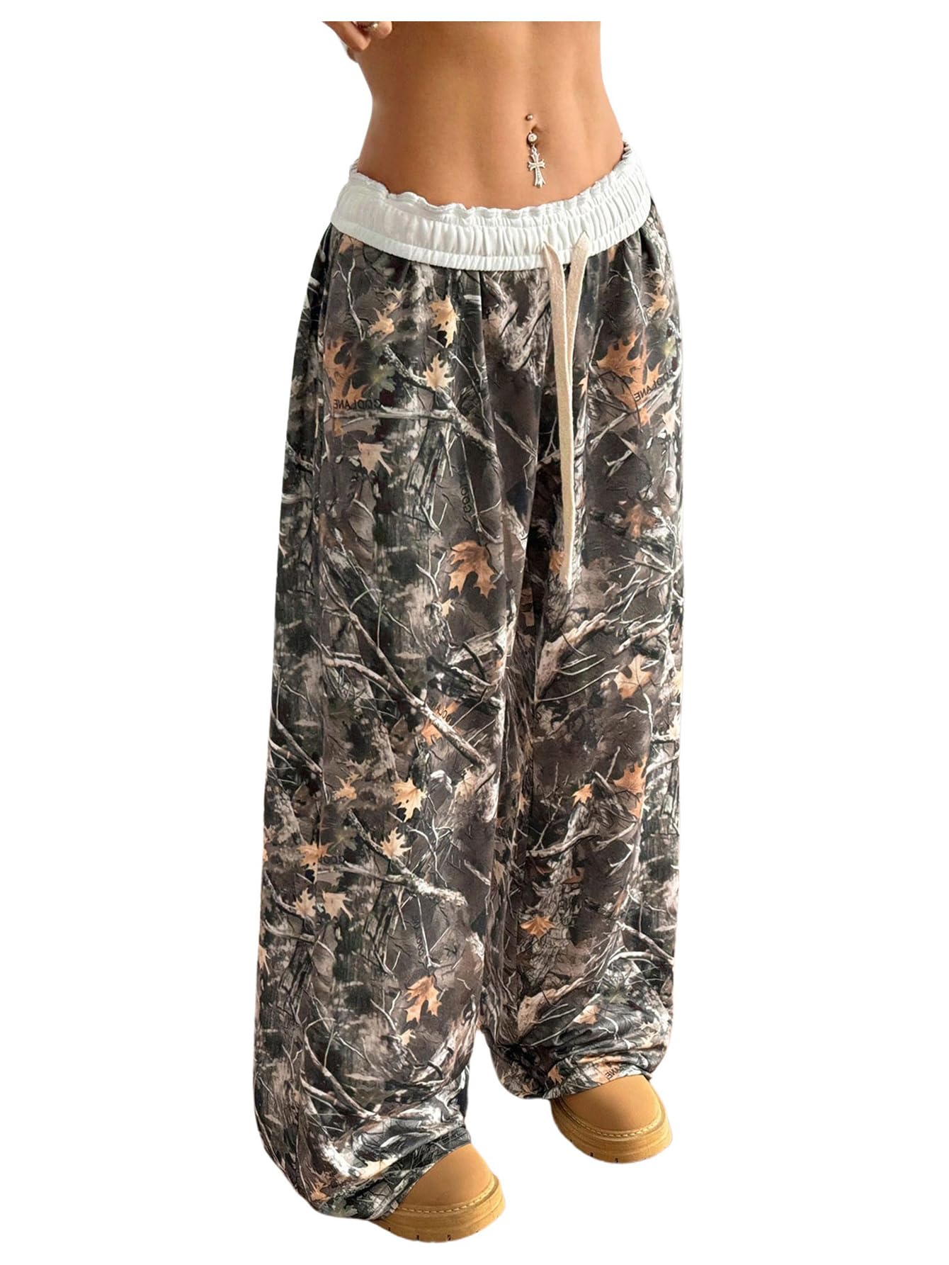 SOLY HUX Women's Camo Pants Wide Leg Baggy Sweatpants Elastic Waist Drawstring Loose Pants Green Camo Small