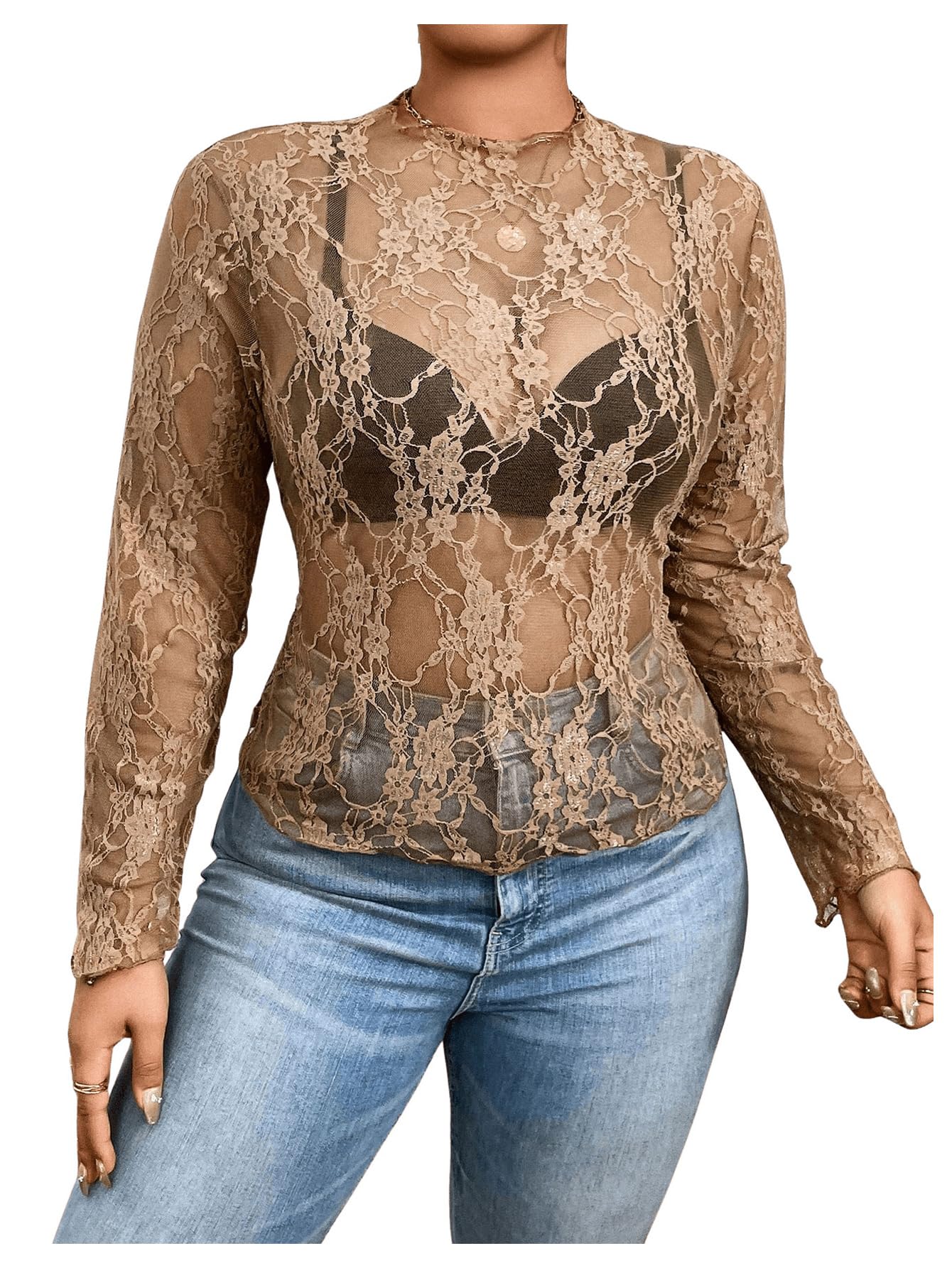 SHENHE Women's Plus Size Floral Lace Mesh Long Sleeve Sheer See Through Crop Top Sexy Blouse Brown 2XL