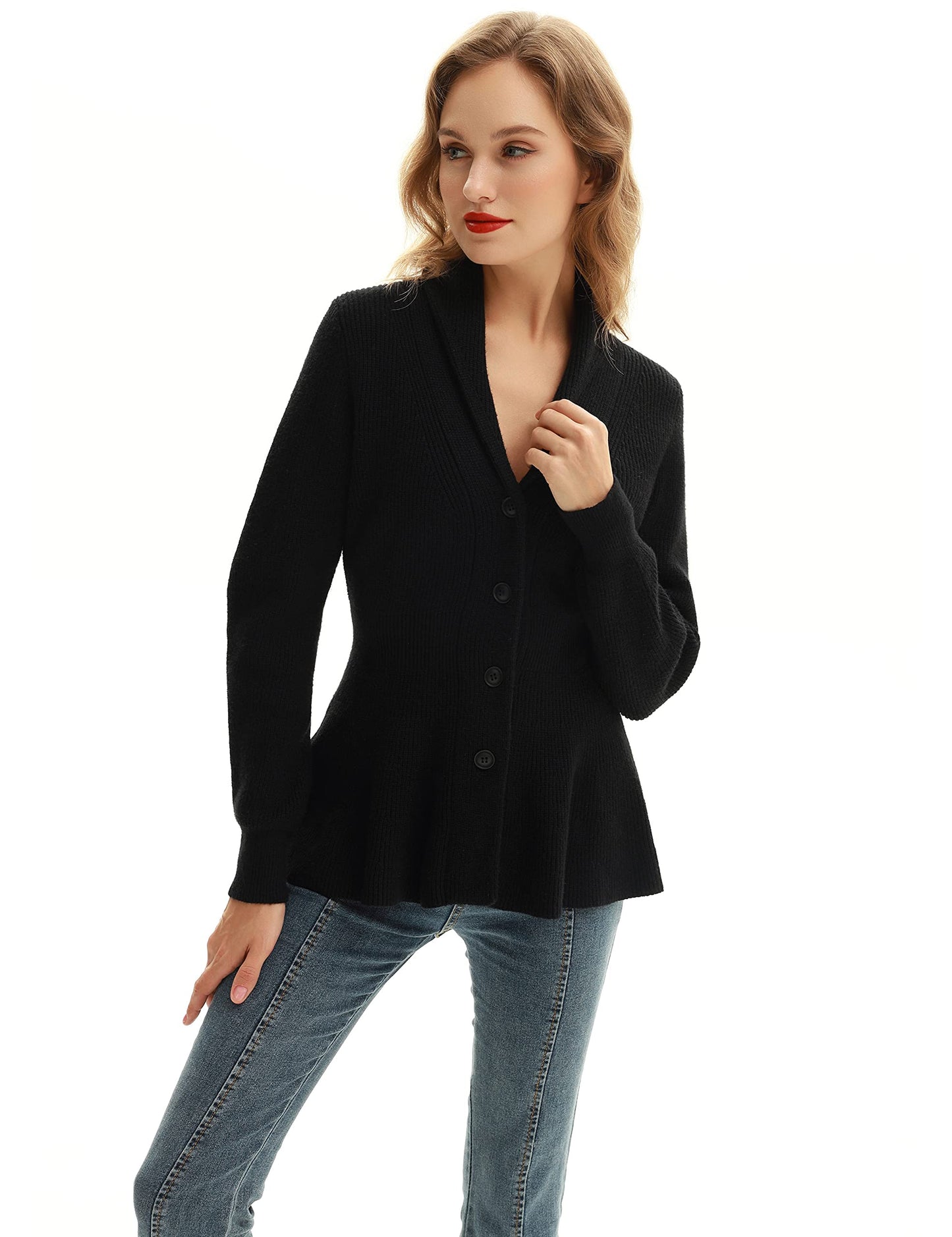 Belle Poque Women Shawl Collar Cardigan Sweater Soft Elegant Sweater for Office Peplum Hem Sweater for Work (Black, S)