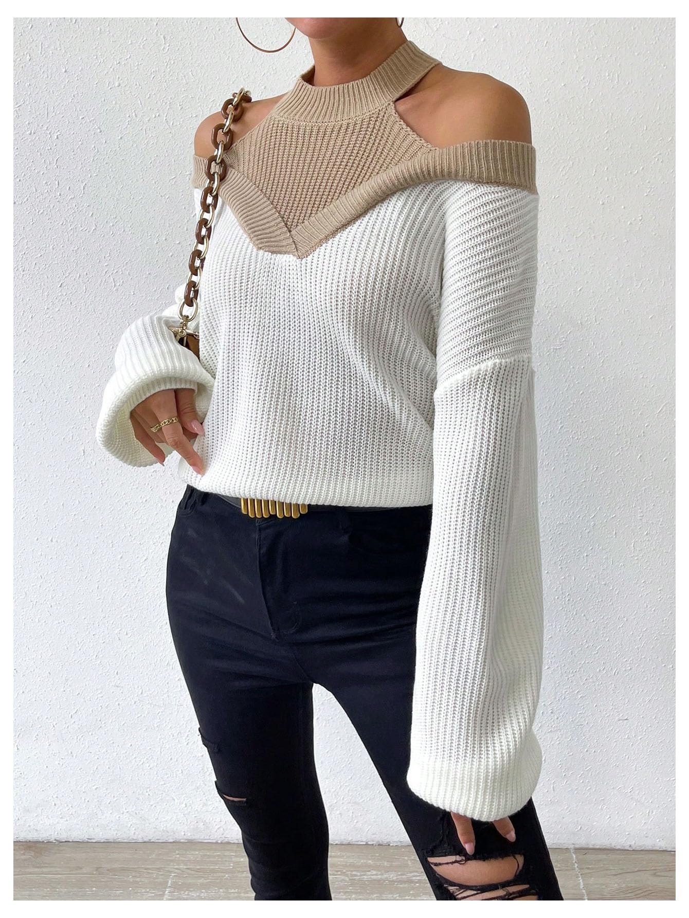 Milumia Women's Fall Color Block Off The Shoulder Crew Neck Long Sleeve Knitted Pullover Sweater White and Brown Large