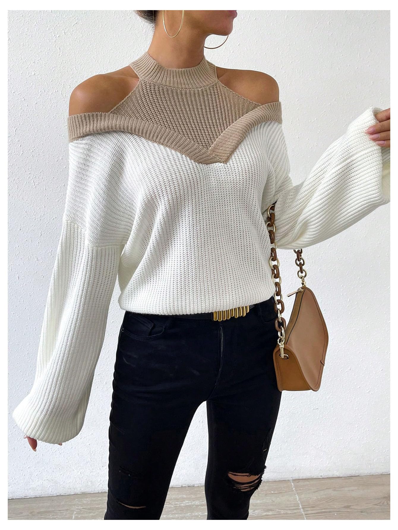 Milumia Women's Fall Color Block Off The Shoulder Crew Neck Long Sleeve Knitted Pullover Sweater White and Brown Large