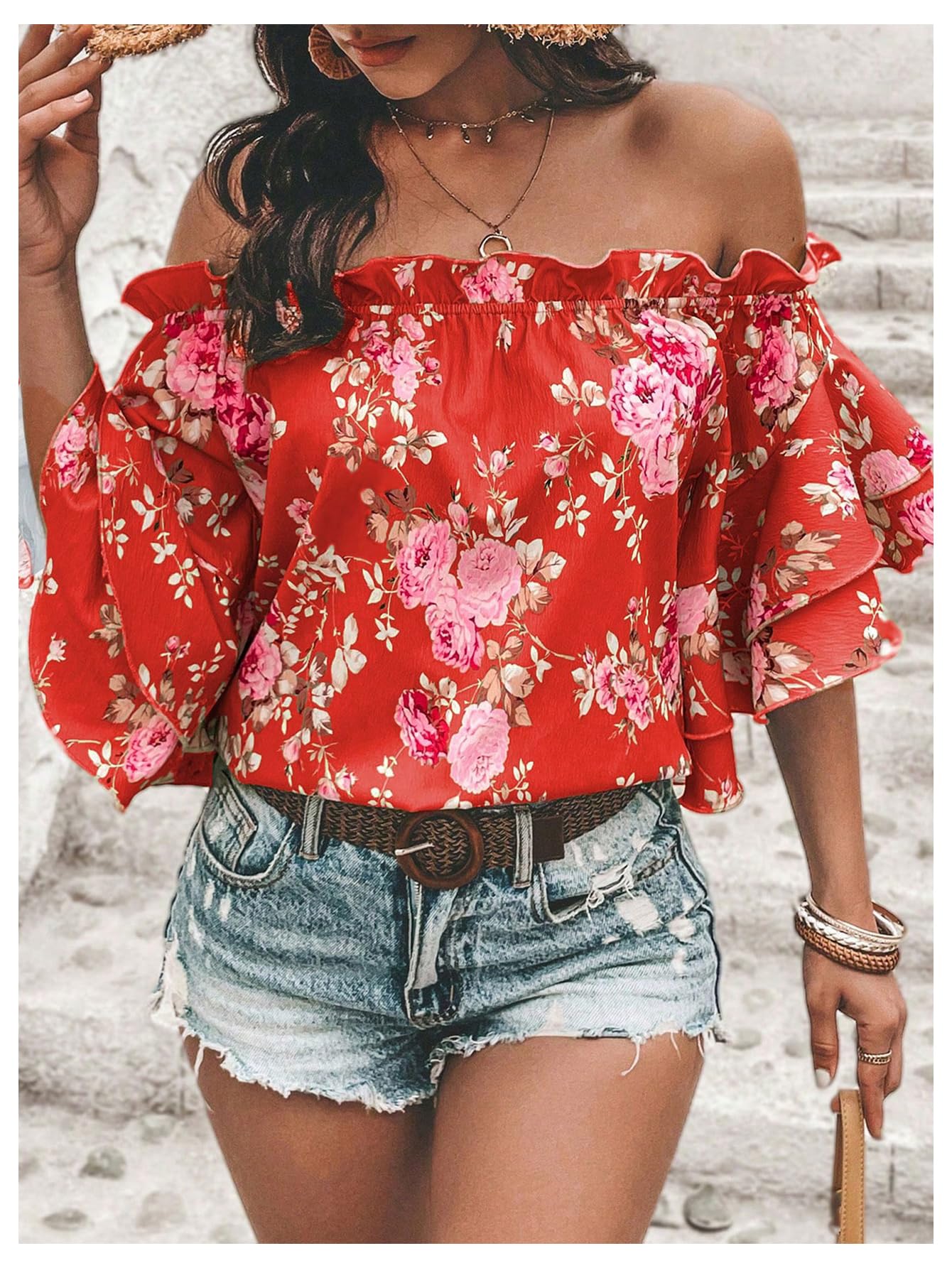 SOLY HUX Women's Floral Print Blouse Off Shoulder Ruffle Trim Half Sleeve Summer Tops Red Floral X-Large