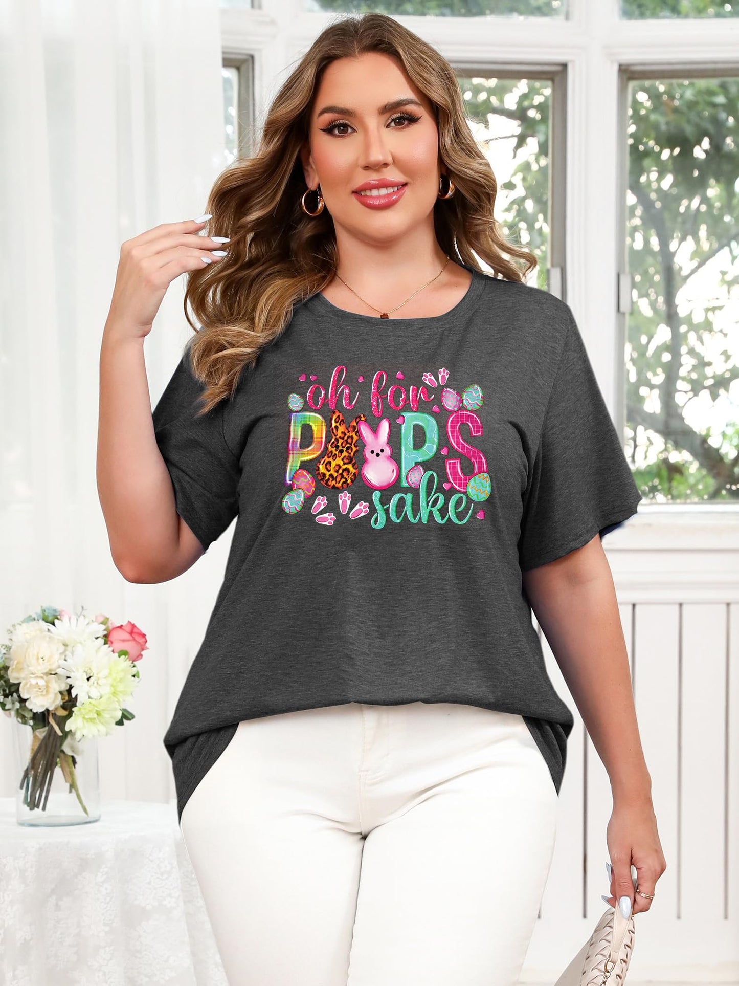 Plus Size Happy Easter Shirt Funny Cute Bunny Rabbit Graphic Short Sleeve Tee Top（Purple,2XL