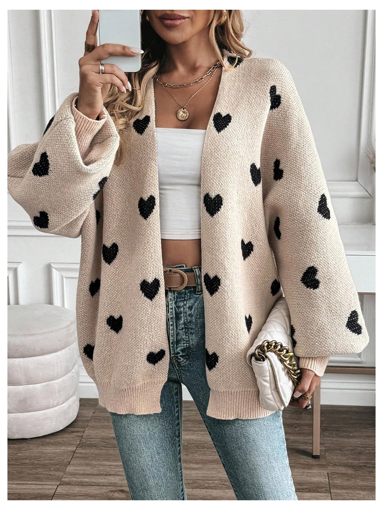 BEAUDRM Women's Open Front Heart Print Cardigan Sweater Shawl Collar Long Sleeve Drop Shoulder Sweaters Knit Tops Multicolor Medium