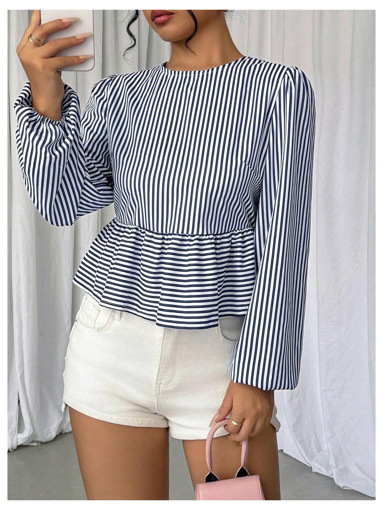 Milumia Women's Y2k Striped Bow Knot Blouse Long Sleeve Ruffle Hem Loose Fit Peplum Top Deep Blue