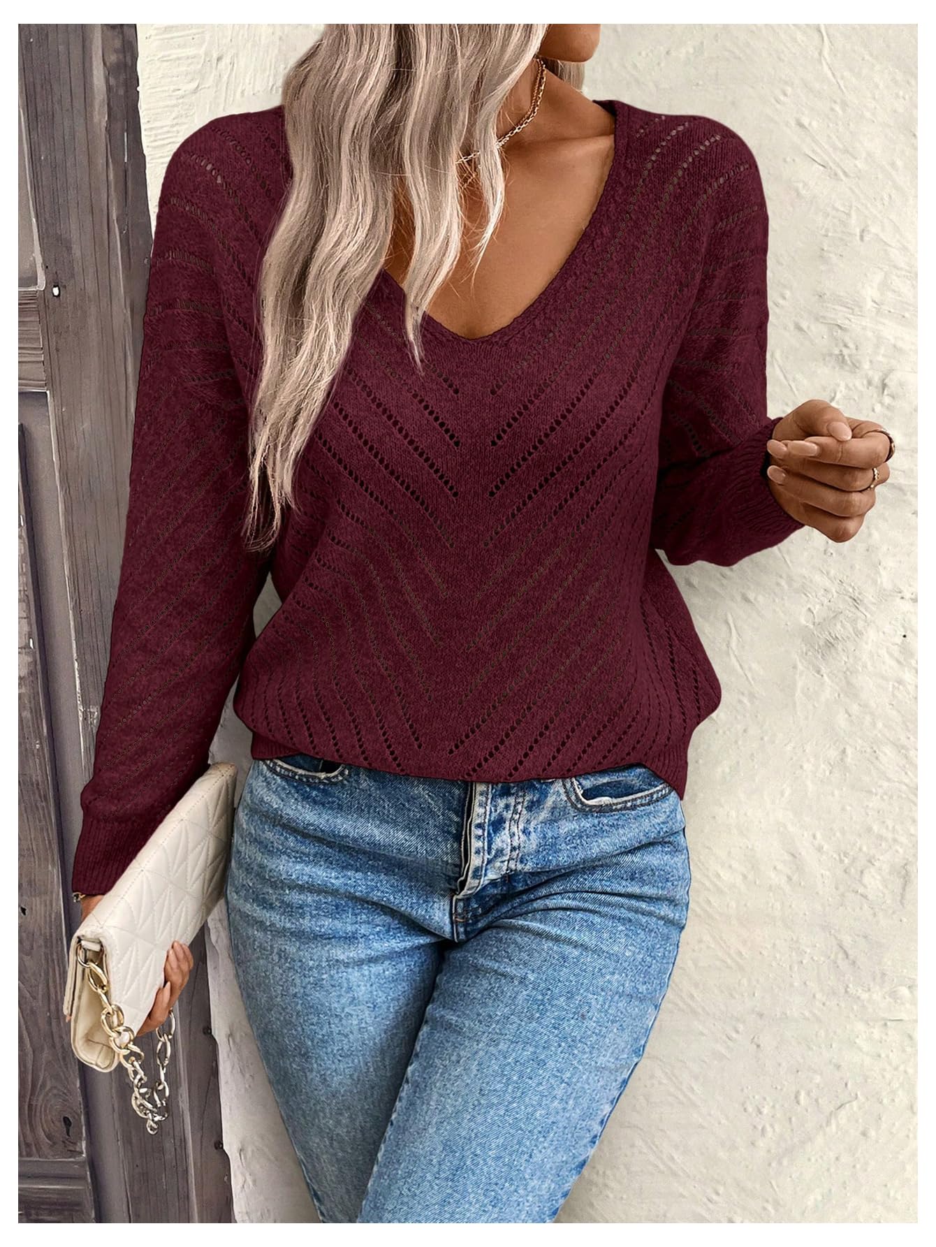 BEAUDRM Women's Hollow Out Pullover Sweaters Vintage Lightweight V Neck Long Sleeve Oversize Knit Tops Burgundy X-Large