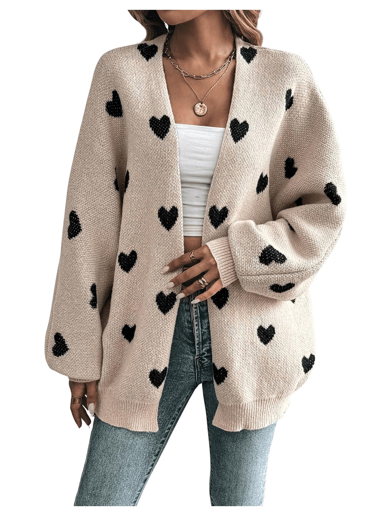 BEAUDRM Women's Open Front Heart Print Cardigan Sweater Shawl Collar Long Sleeve Drop Shoulder Sweaters Knit Tops Multicolor Medium