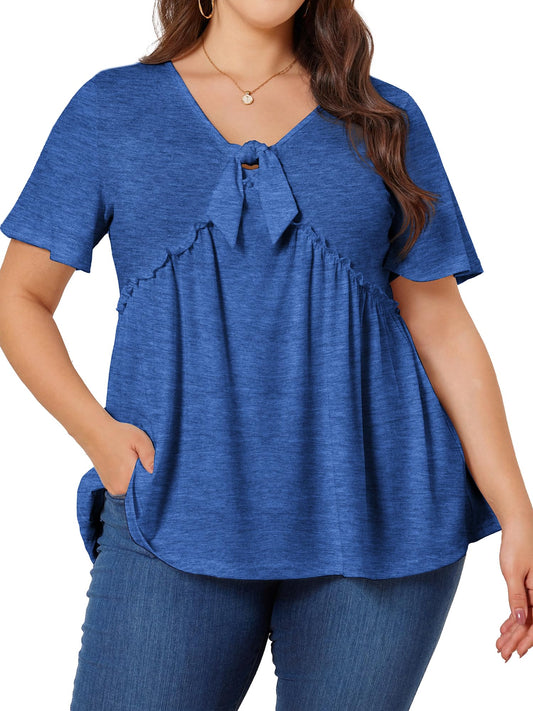 Bellcoco Womens Plus Size Tops Short Sleeve Tunic Wrap Top Cute Peplum Blouse Dressy Casual Snorkel Blue XL