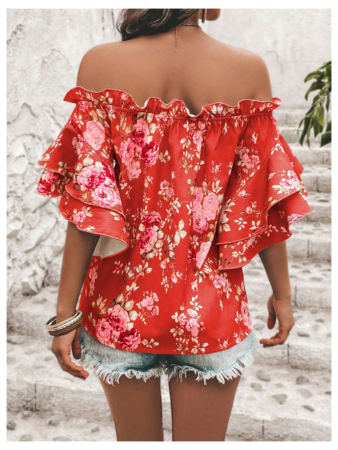 SOLY HUX Women's Floral Print Blouse Off Shoulder Ruffle Trim Half Sleeve Summer Tops Red Floral X-Large