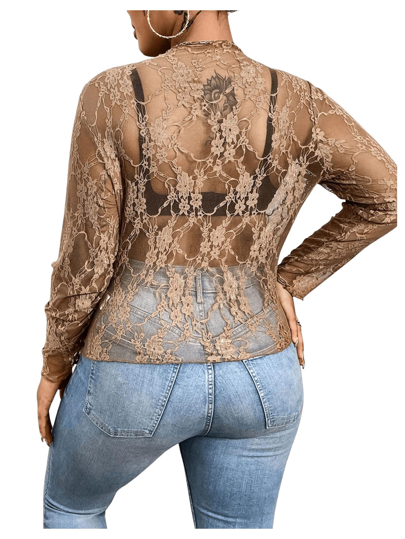 SHENHE Women's Plus Size Floral Lace Mesh Long Sleeve Sheer See Through Crop Top Sexy Blouse Brown 2XL