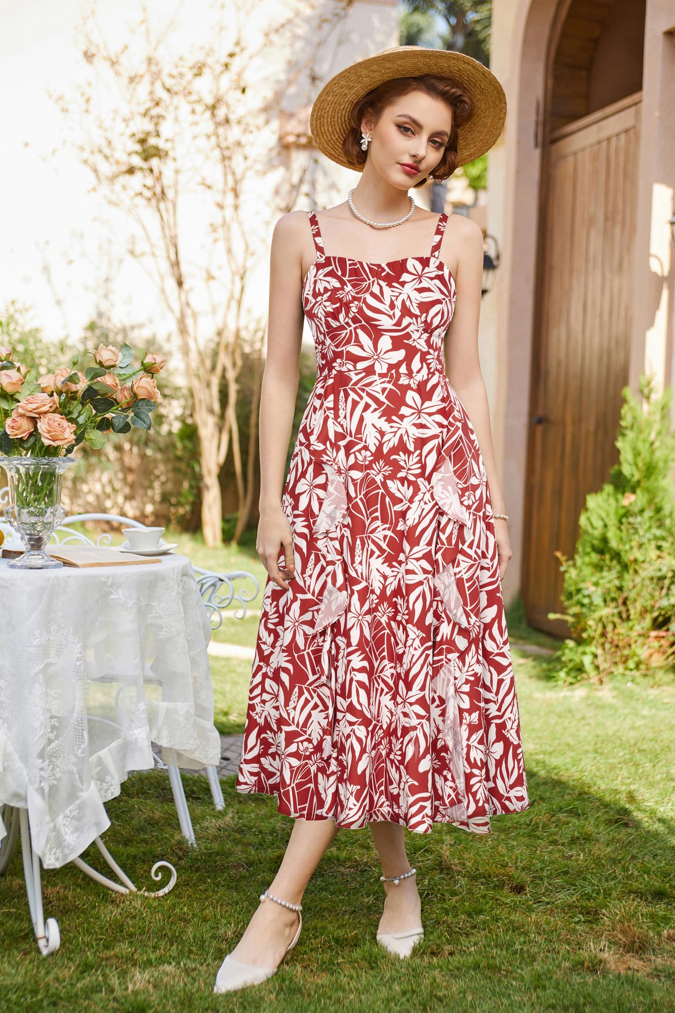 Belle Poque Floral Midi Dress Summer Bohemian Dress for Women Floral Wedding Guest Dress Red and White Floral, S