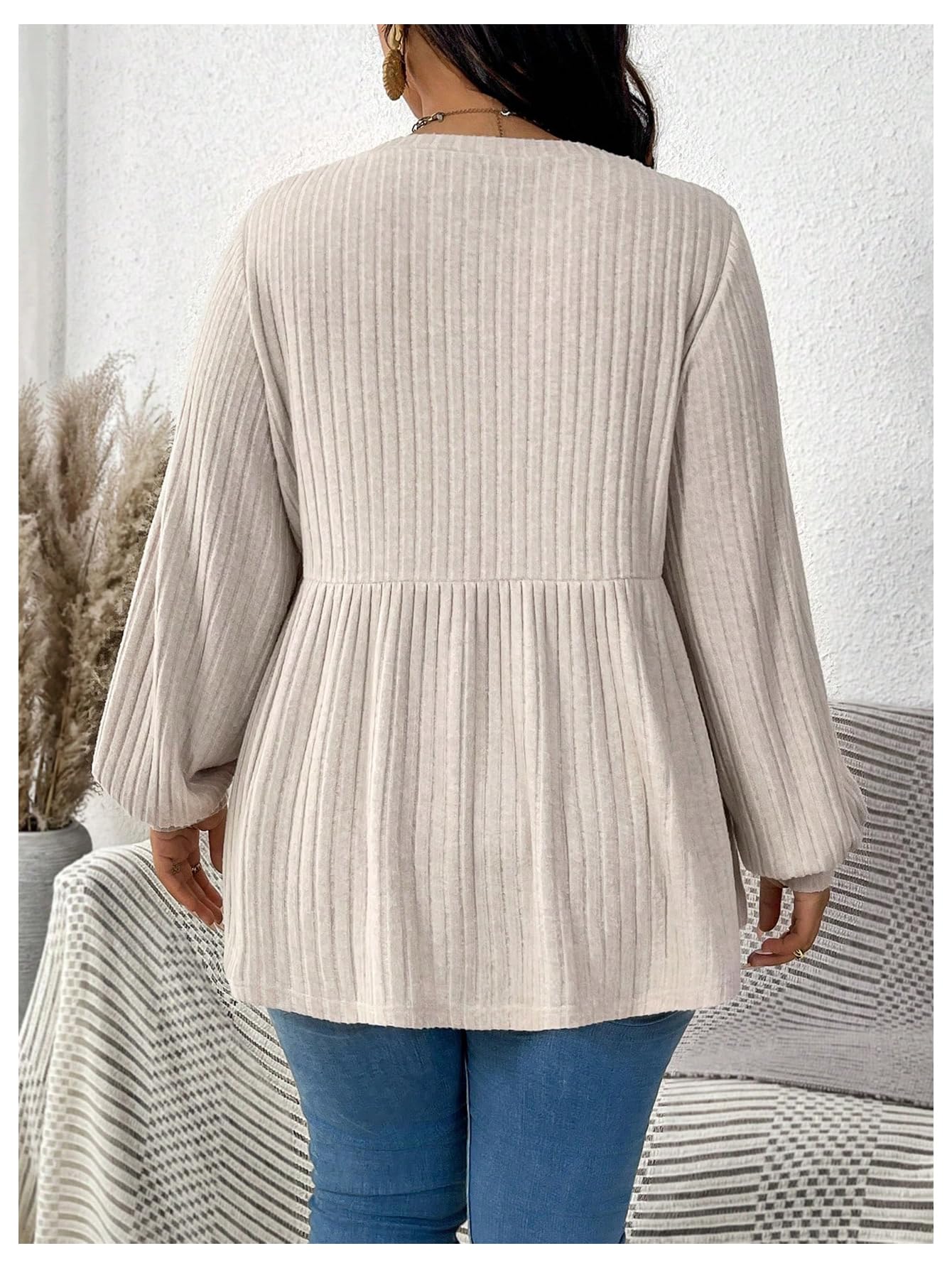 MakeMeChic Women's Plus Size Peplum Tops Crew Neck Ruffle Hem Long Sleeve Fall Cute Tops Tee Shirts Beige X-Large Plus