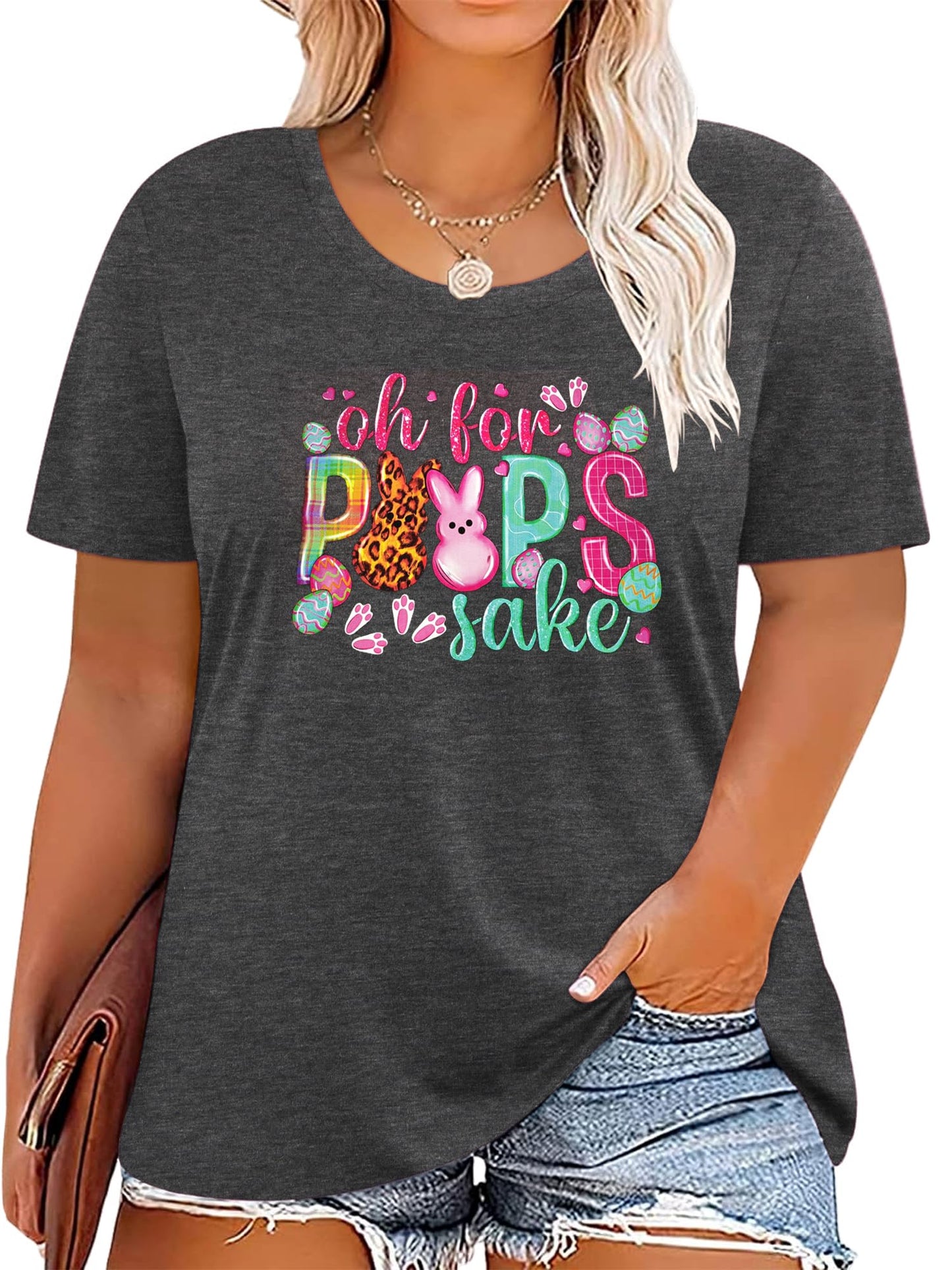 Plus Size Happy Easter Shirt Funny Cute Bunny Rabbit Graphic Short Sleeve Tee Top（Purple,2XL