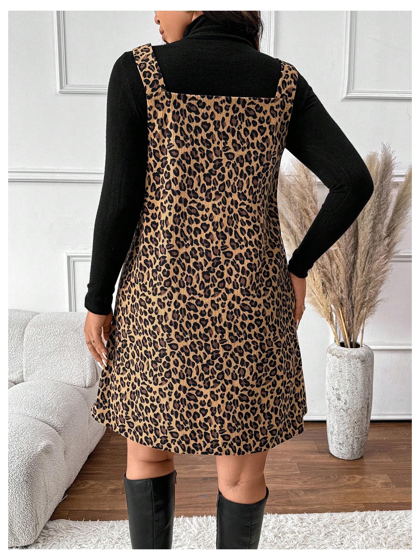 SOLY HUX Women's Plus Size Leopard Print V Neck Short Dress Sleeveless Overall Flowy Fall Dresses Brown Leopard X-Large Plus