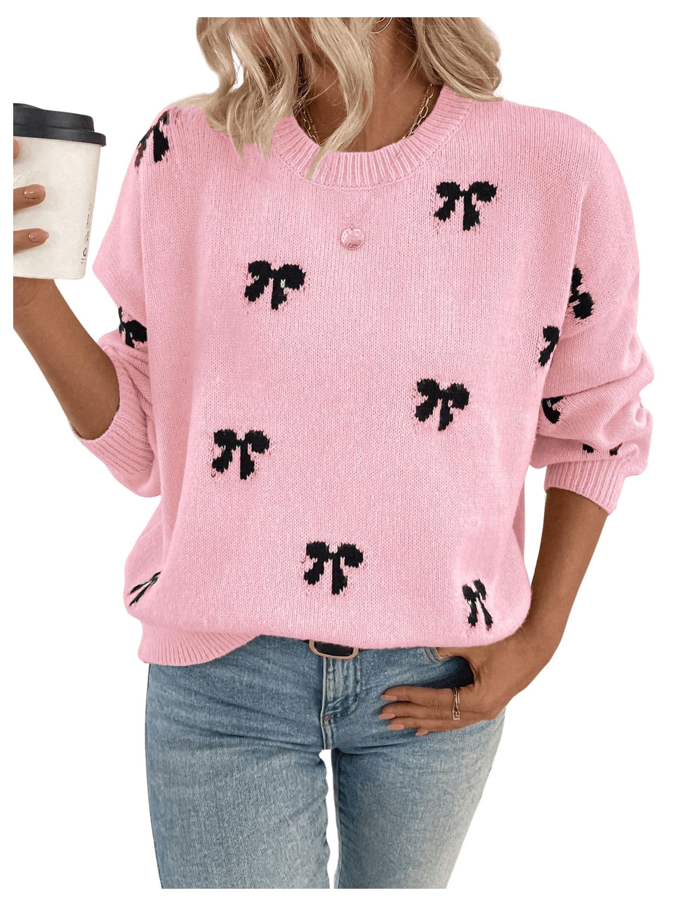 Milumia Women's Y2K Bow Print Knit Sweater Crew Neck Drop Shoulder Long Sleeve Pullover Top Pink X-Large