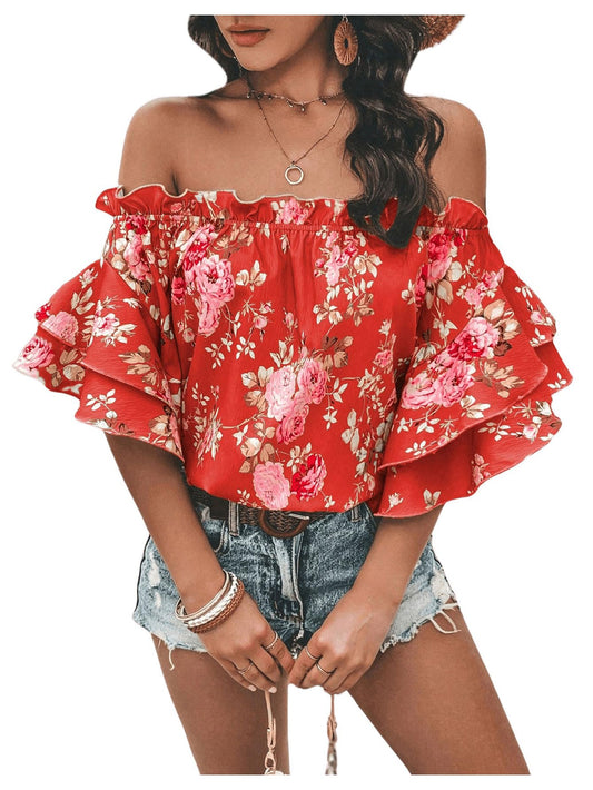 SOLY HUX Women's Floral Print Blouse Off Shoulder Ruffle Trim Half Sleeve Summer Tops Red Floral X-Large