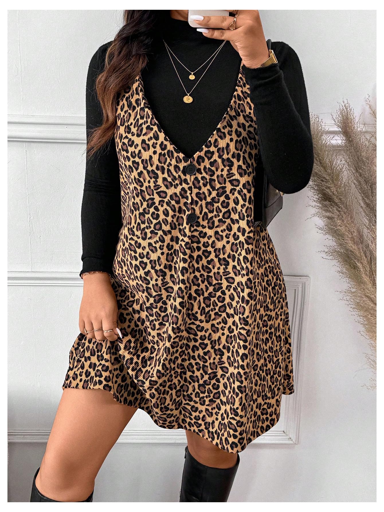 SOLY HUX Women's Plus Size Leopard Print V Neck Short Dress Sleeveless Overall Flowy Fall Dresses Brown Leopard X-Large Plus