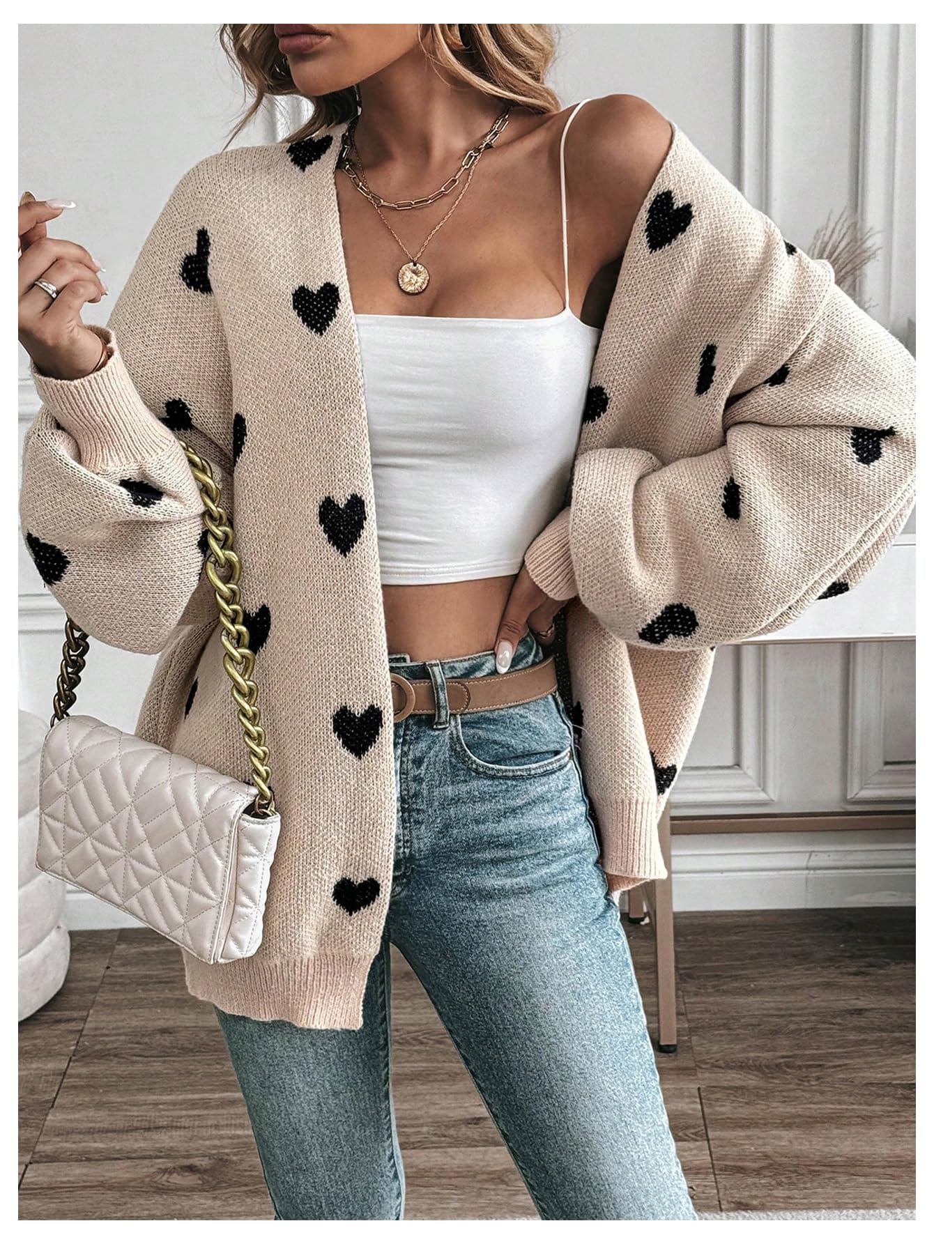 BEAUDRM Women's Open Front Heart Print Cardigan Sweater Shawl Collar Long Sleeve Drop Shoulder Sweaters Knit Tops Multicolor Medium