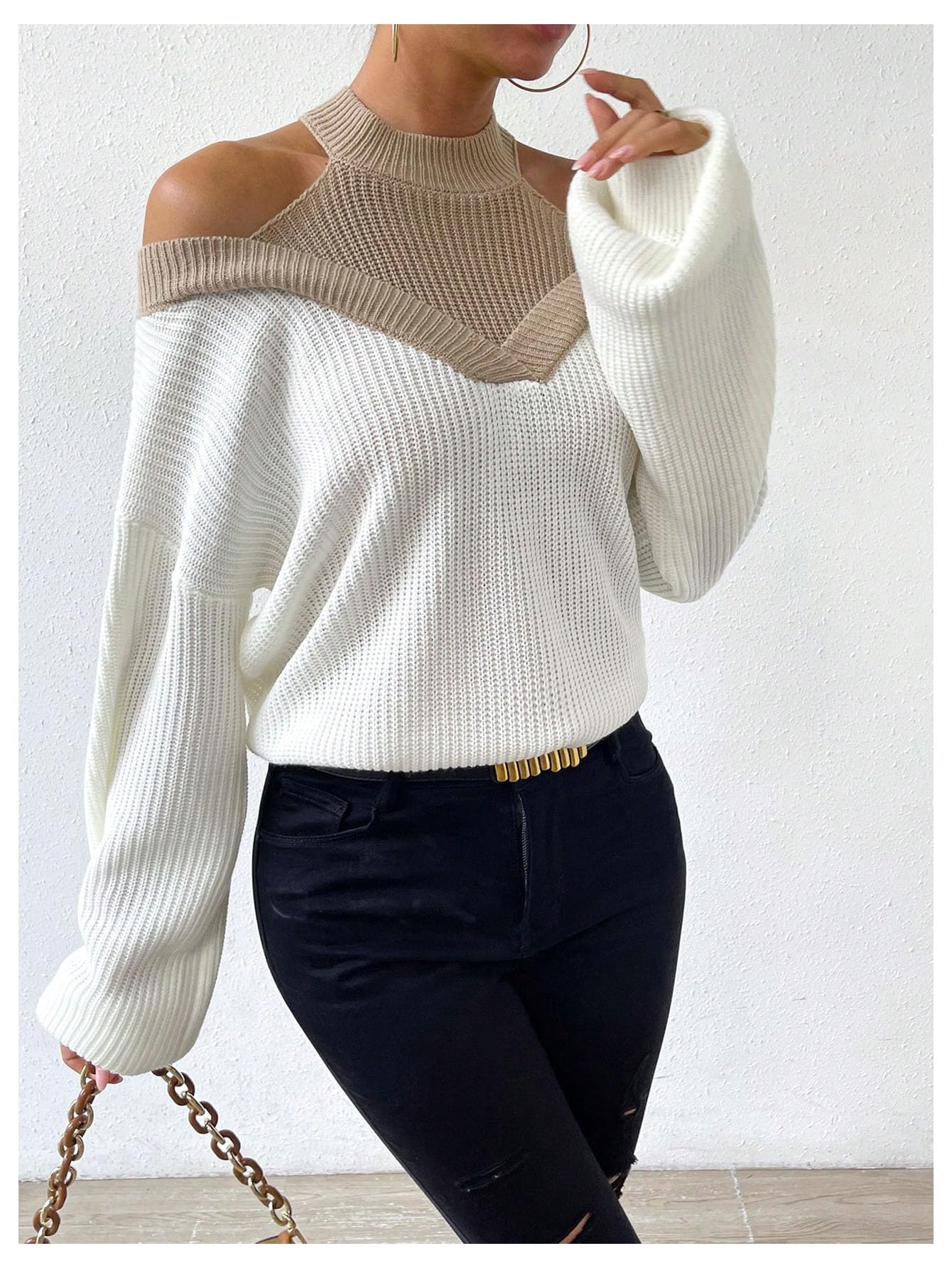 Milumia Women's Fall Color Block Off The Shoulder Crew Neck Long Sleeve Knitted Pullover Sweater White and Brown Large