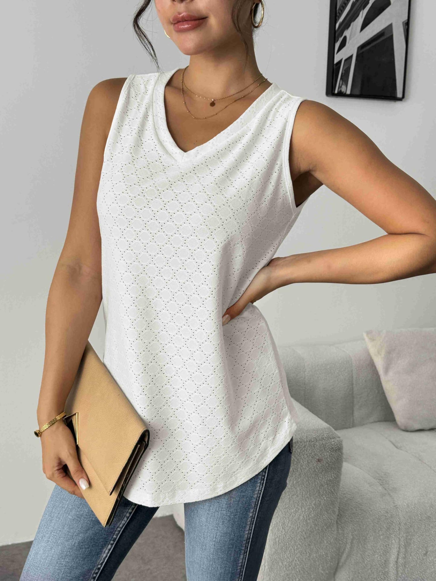 Zeagoo Womens Tank Tops Eyelet V Neck Casual Loose Fit Summer Sleeveless Shirt White X-Large