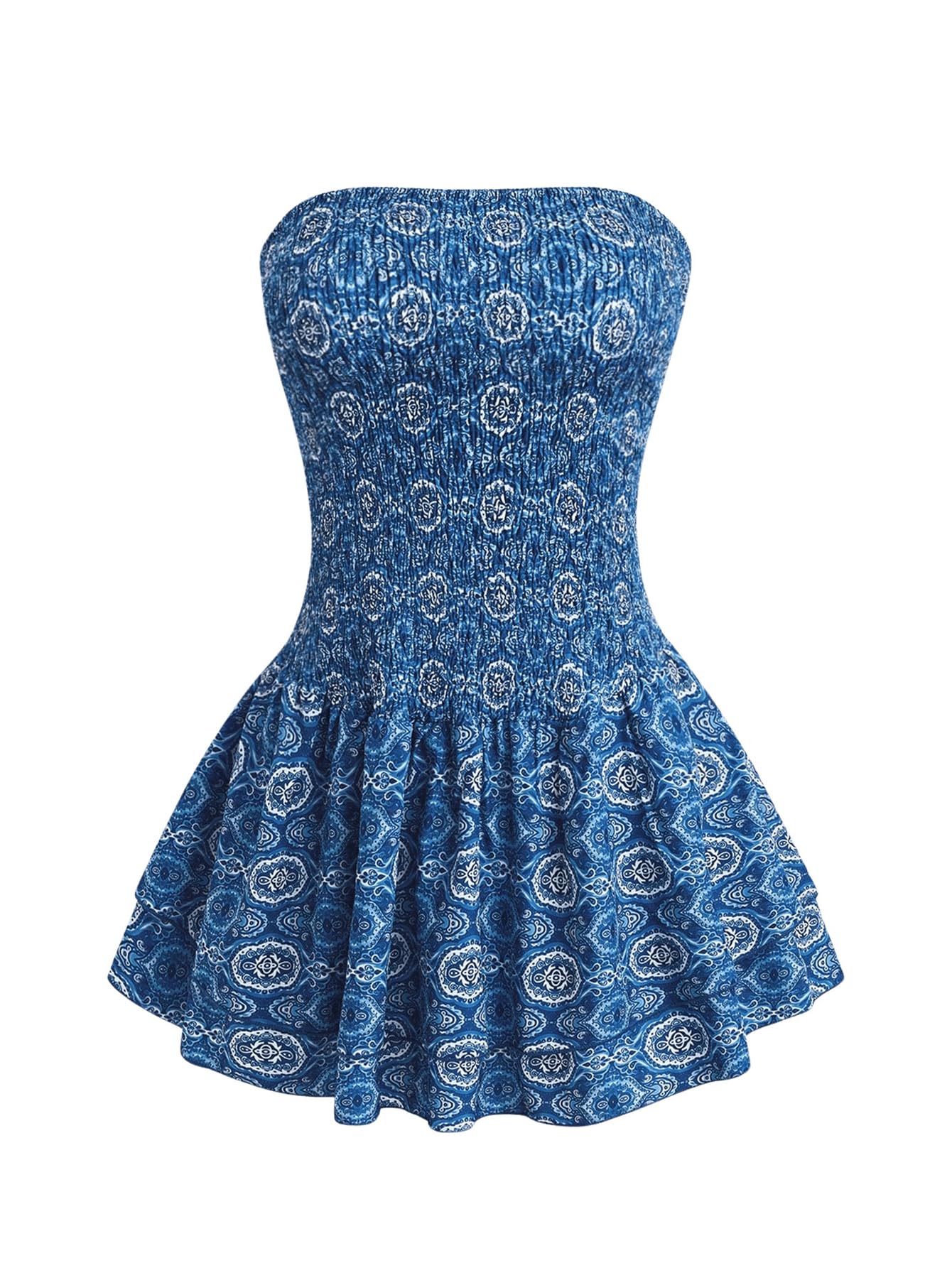 WDIRARA Women's Boho Print Strapless Mini Dress Smocked Ruffle Tiered A Line Tube Dress Blue Small