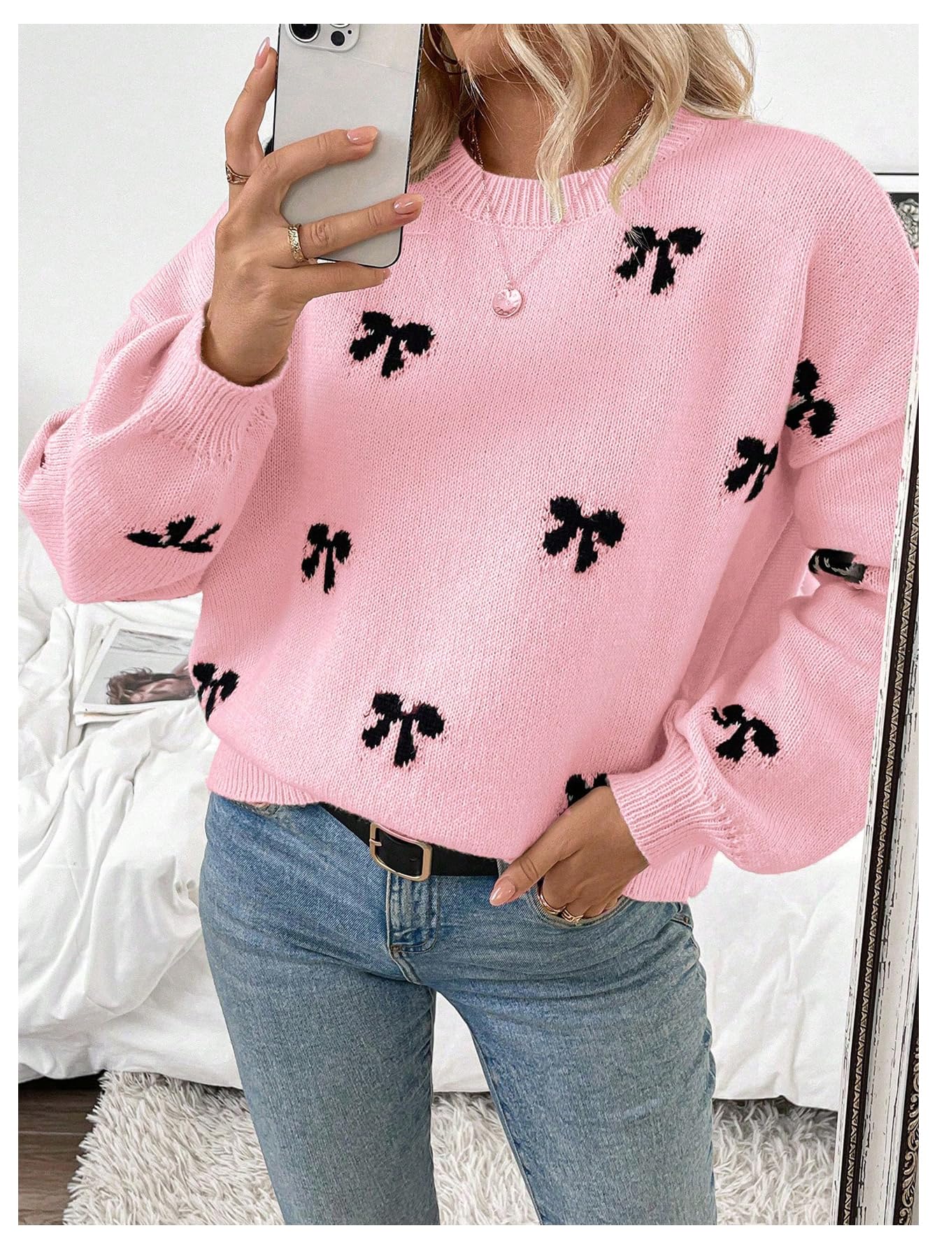 Milumia Women's Y2K Bow Print Knit Sweater Crew Neck Drop Shoulder Long Sleeve Pullover Top Pink X-Large