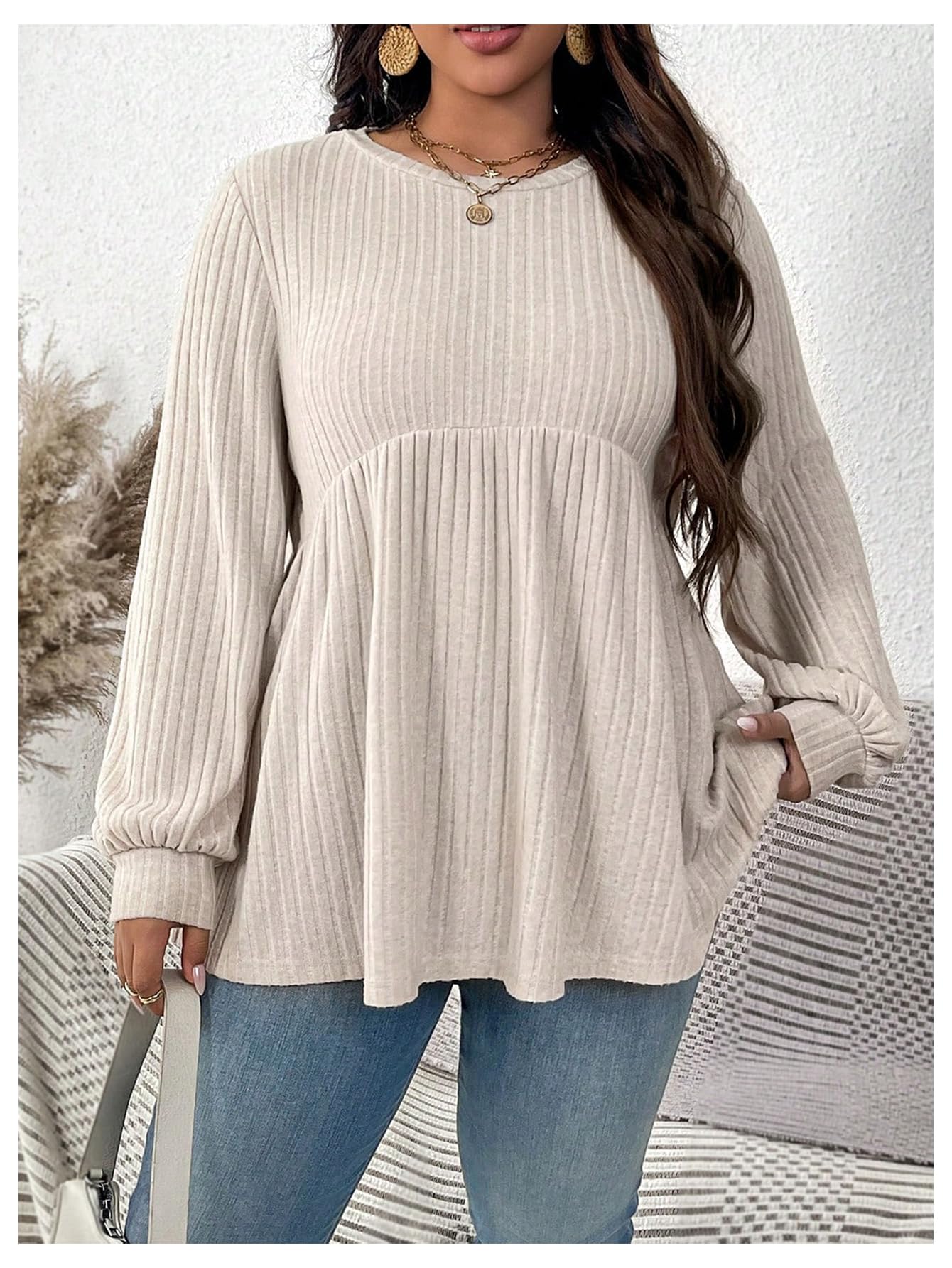 MakeMeChic Women's Plus Size Peplum Tops Crew Neck Ruffle Hem Long Sleeve Fall Cute Tops Tee Shirts Beige X-Large Plus