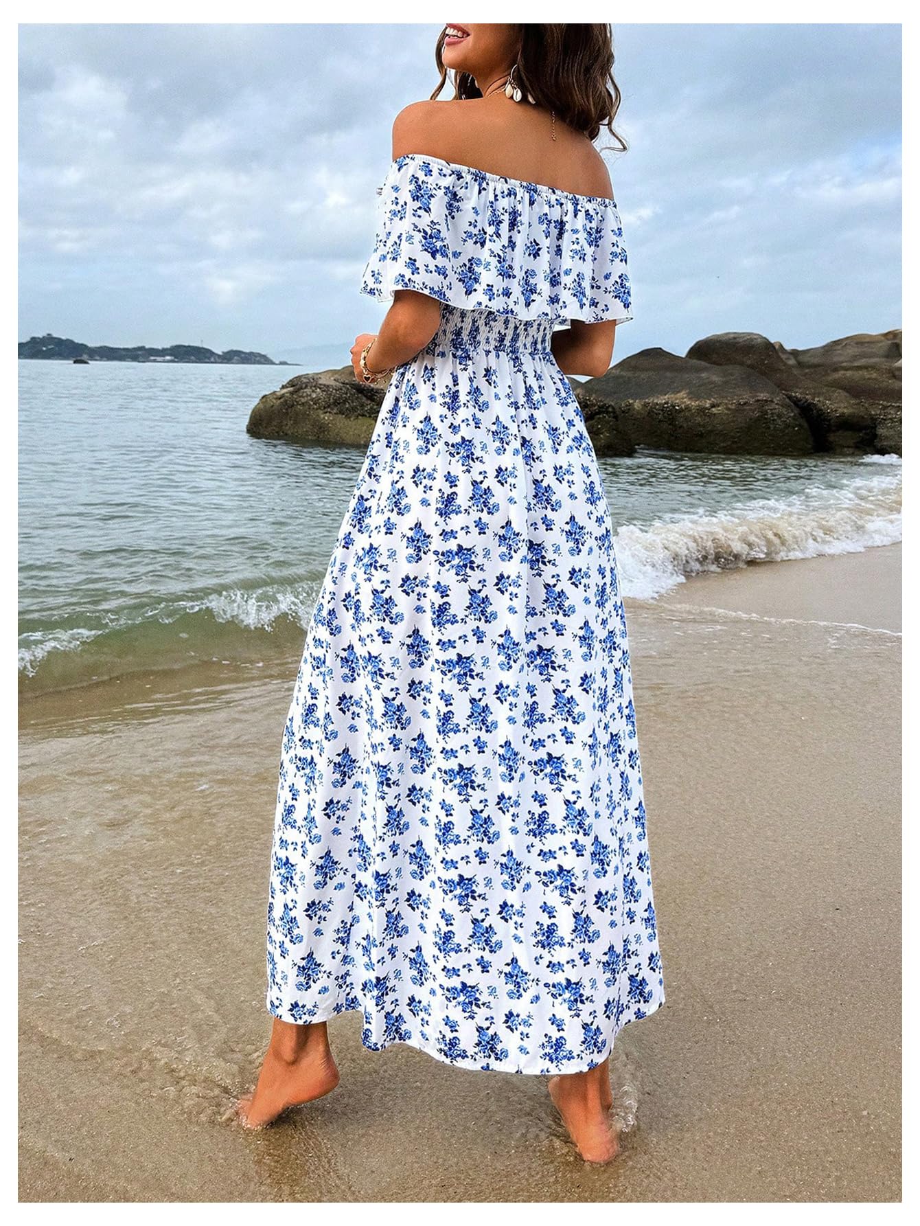 SHENHE Women's Floral Off Shoulder Ruffle Trim Thigh Slit A Line Flowy Boho Midi Dress Blue and White X-Large