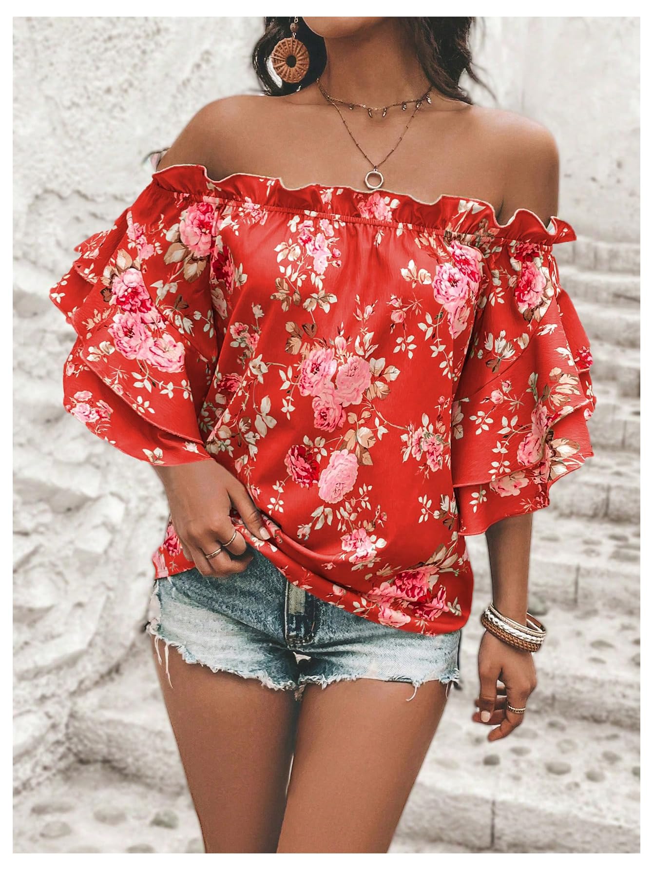 SOLY HUX Women's Floral Print Blouse Off Shoulder Ruffle Trim Half Sleeve Summer Tops Red Floral X-Large