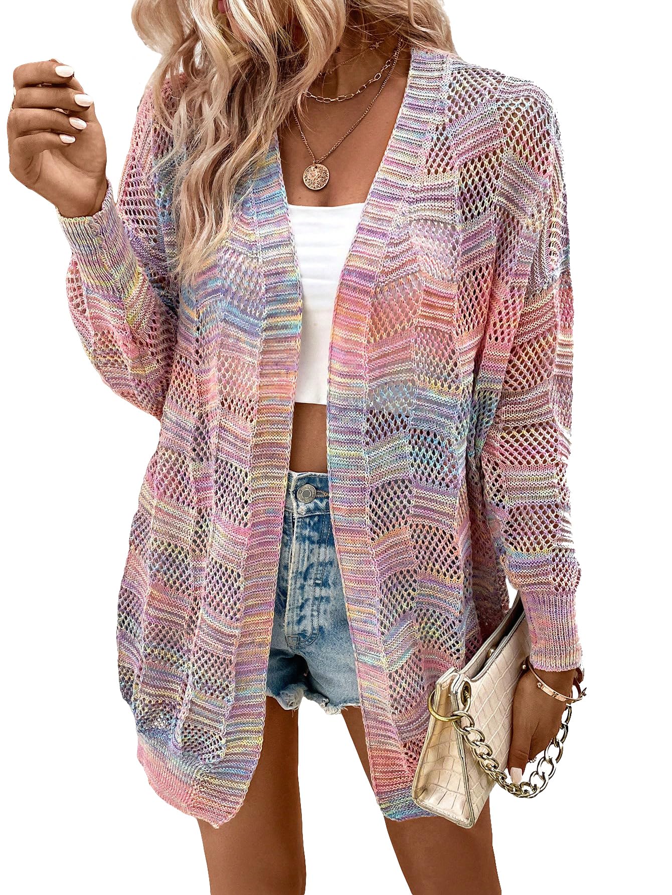 SHENHE Women's Loose Fit Open Front Colorful Space Dye Drop Shoulder Cardigan Sweater Multicolor L