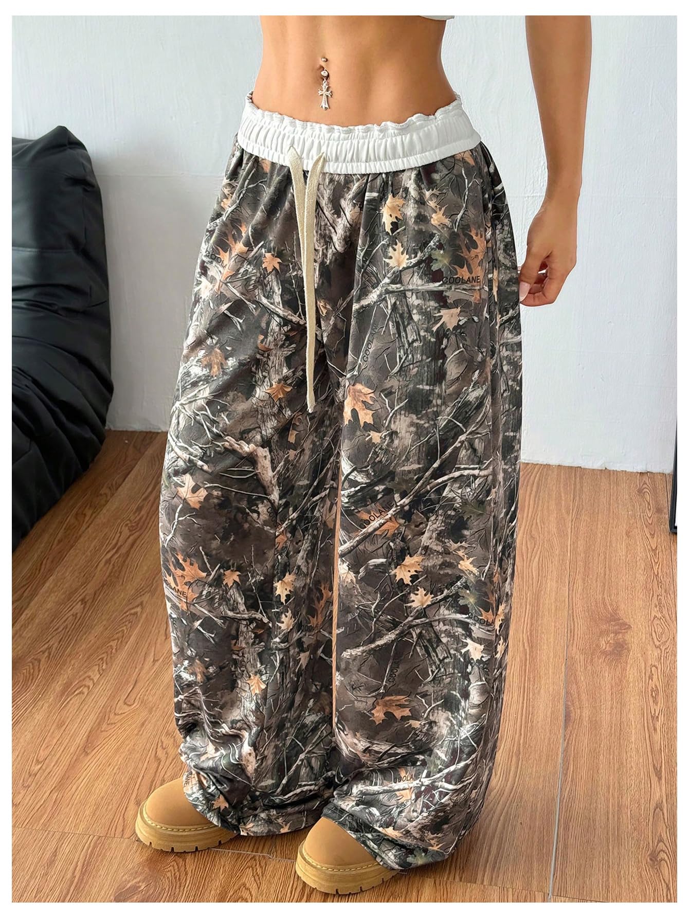 SOLY HUX Women's Camo Pants Wide Leg Baggy Sweatpants Elastic Waist Drawstring Loose Pants Green Camo Small