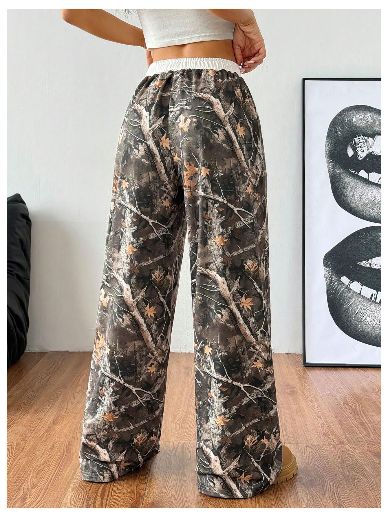 SOLY HUX Women's Camo Pants Wide Leg Baggy Sweatpants Elastic Waist Drawstring Loose Pants Green Camo Small