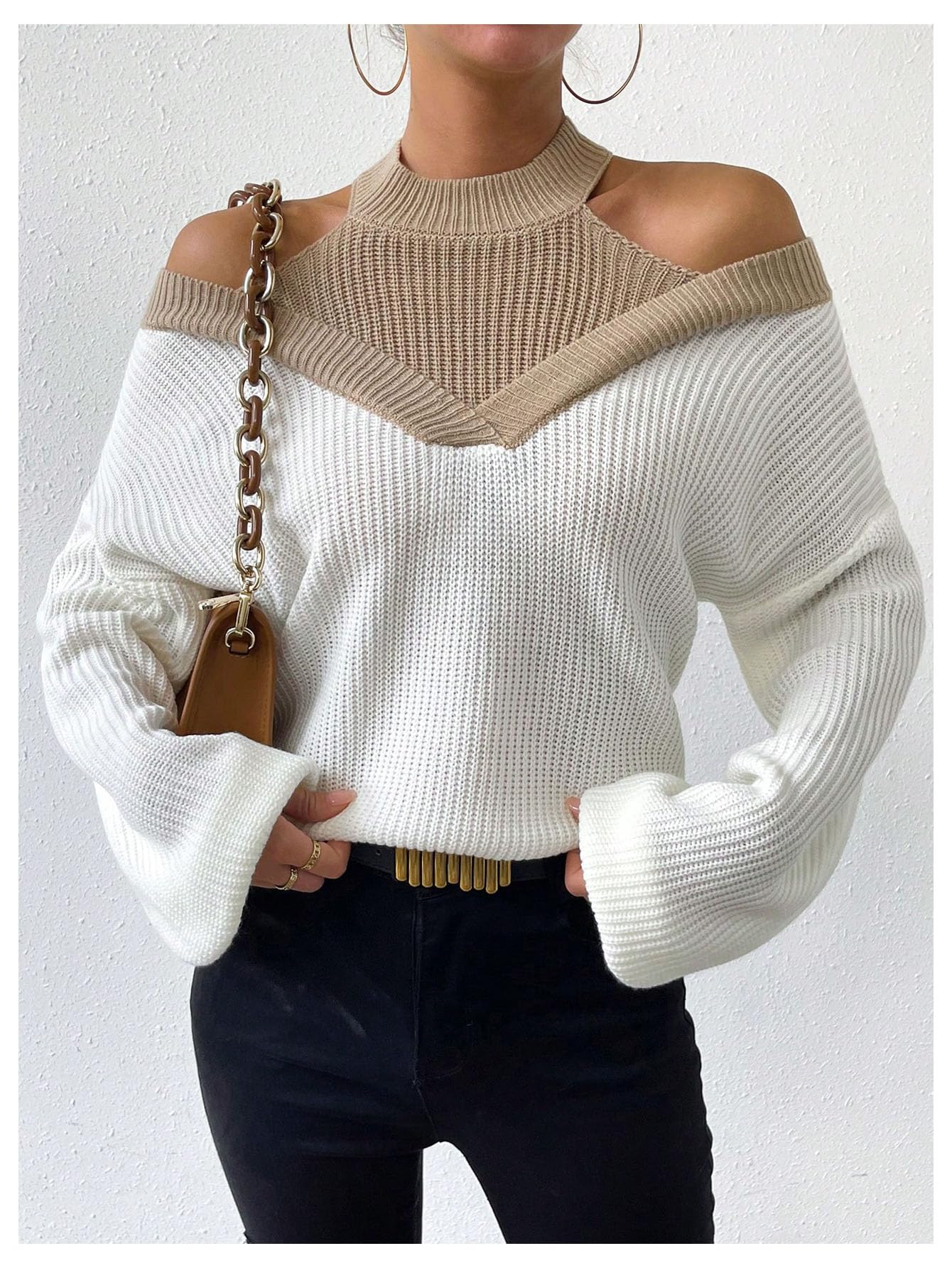 Milumia Women's Fall Color Block Off The Shoulder Crew Neck Long Sleeve Knitted Pullover Sweater White and Brown Large