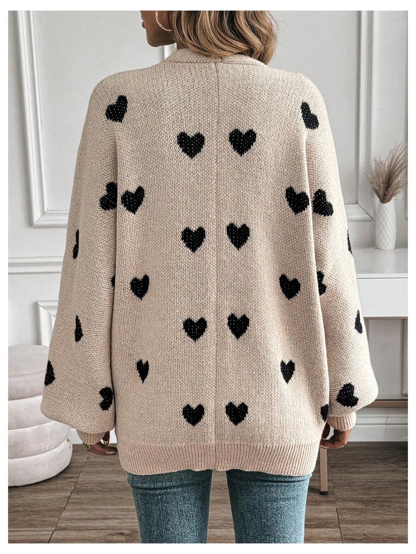 BEAUDRM Women's Open Front Heart Print Cardigan Sweater Shawl Collar Long Sleeve Drop Shoulder Sweaters Knit Tops Multicolor Medium