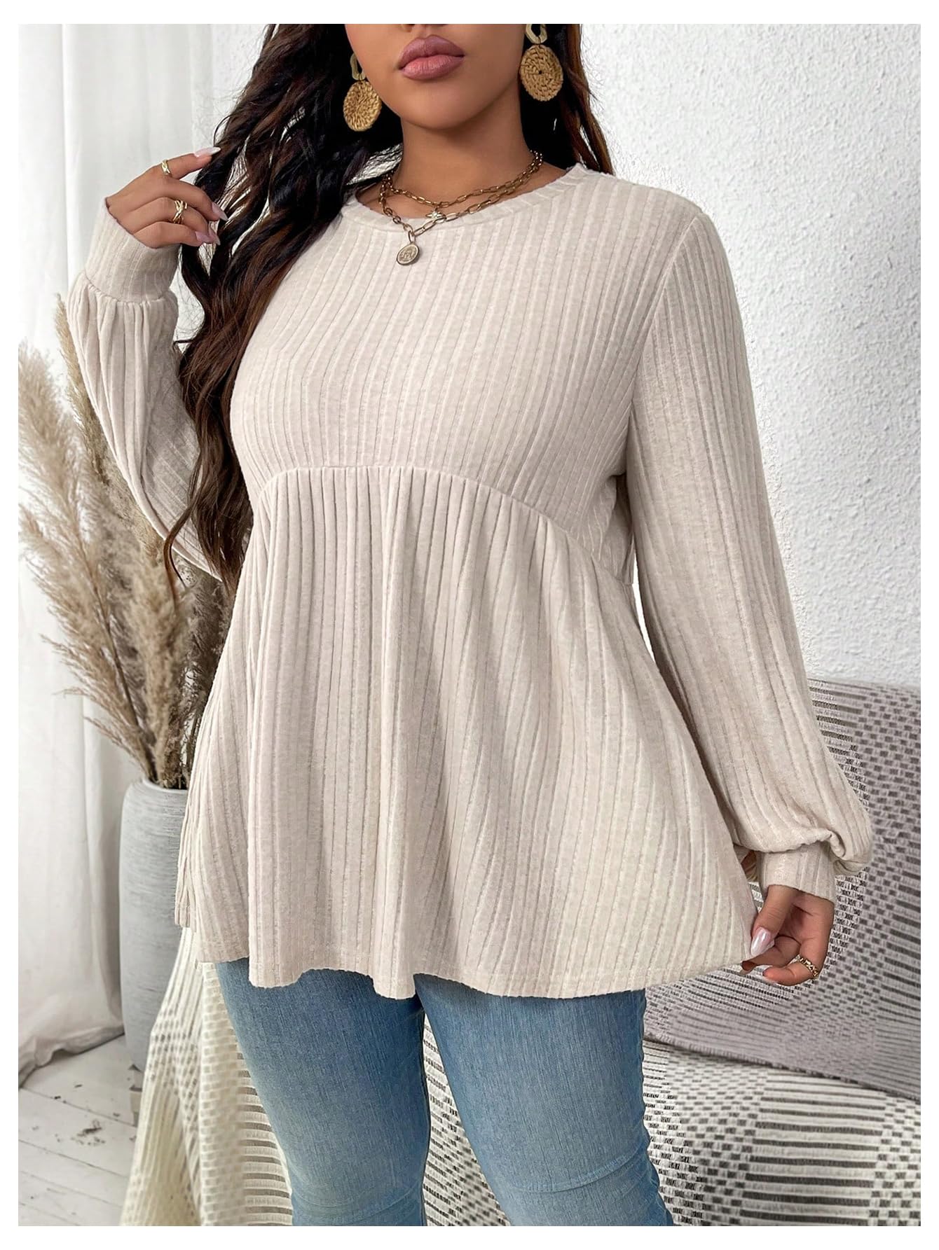 MakeMeChic Women's Plus Size Peplum Tops Crew Neck Ruffle Hem Long Sleeve Fall Cute Tops Tee Shirts Beige X-Large Plus