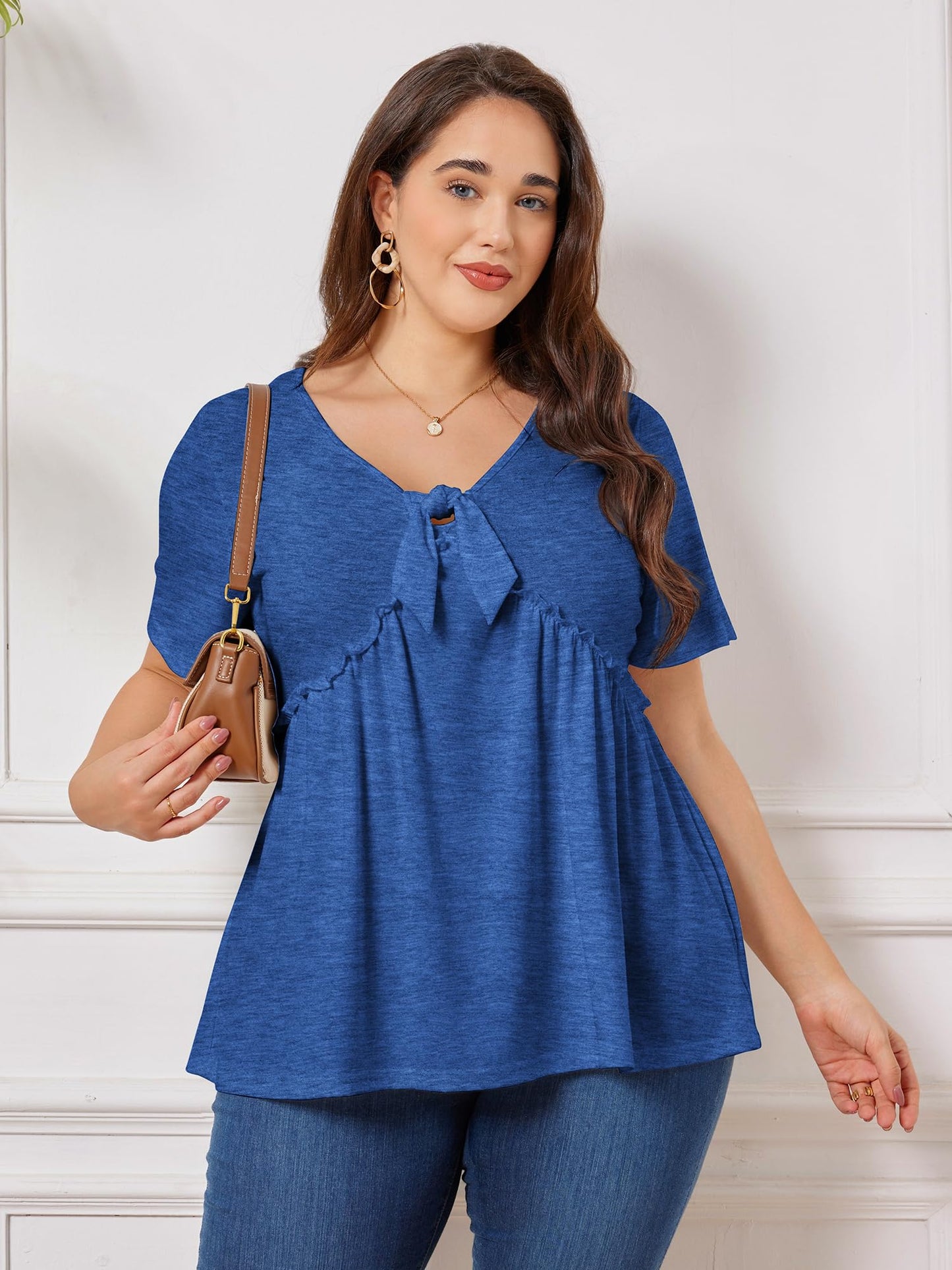 Bellcoco Womens Plus Size Tops Short Sleeve Tunic Wrap Top Cute Peplum Blouse Dressy Casual Snorkel Blue XL