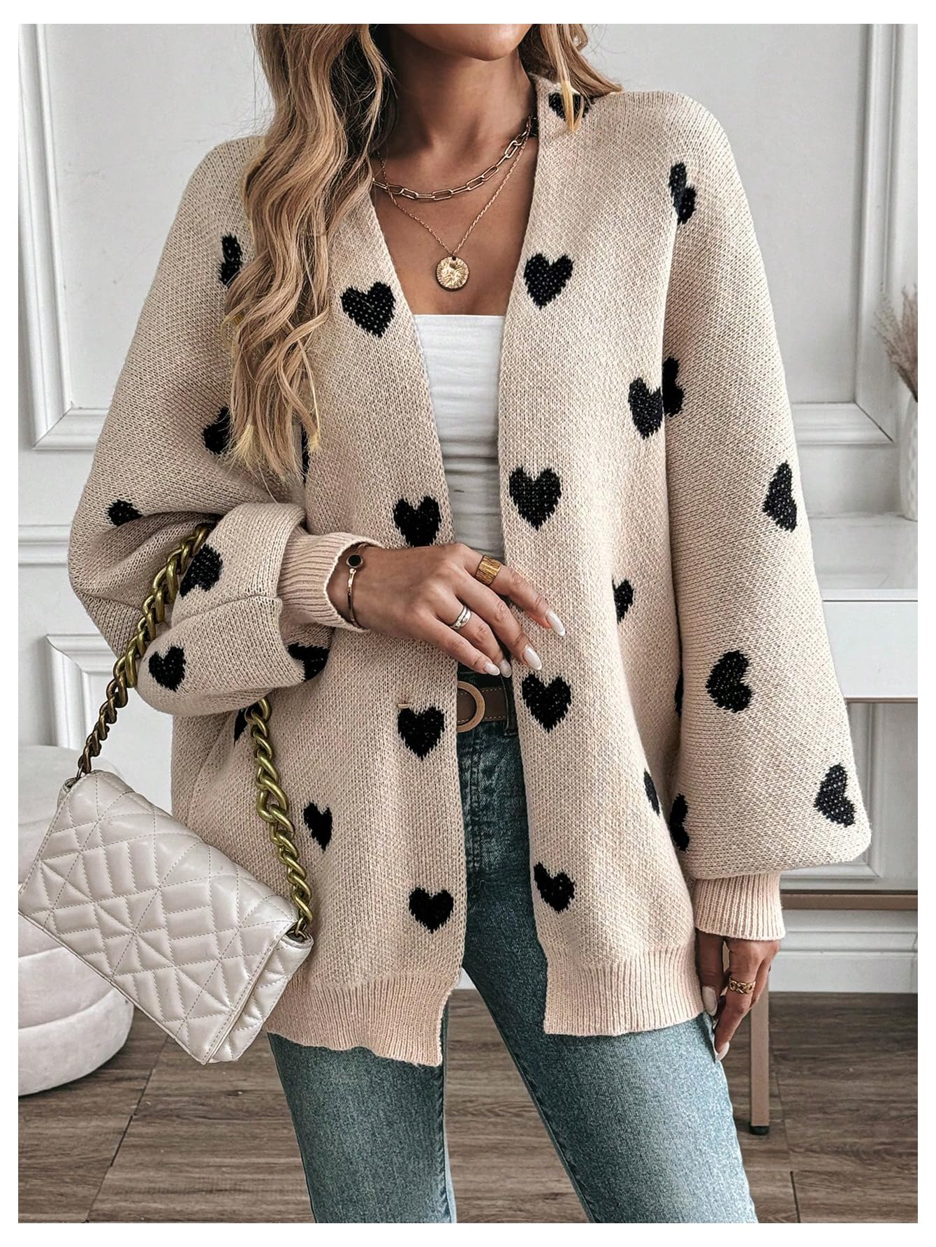 BEAUDRM Women's Open Front Heart Print Cardigan Sweater Shawl Collar Long Sleeve Drop Shoulder Sweaters Knit Tops Multicolor Medium