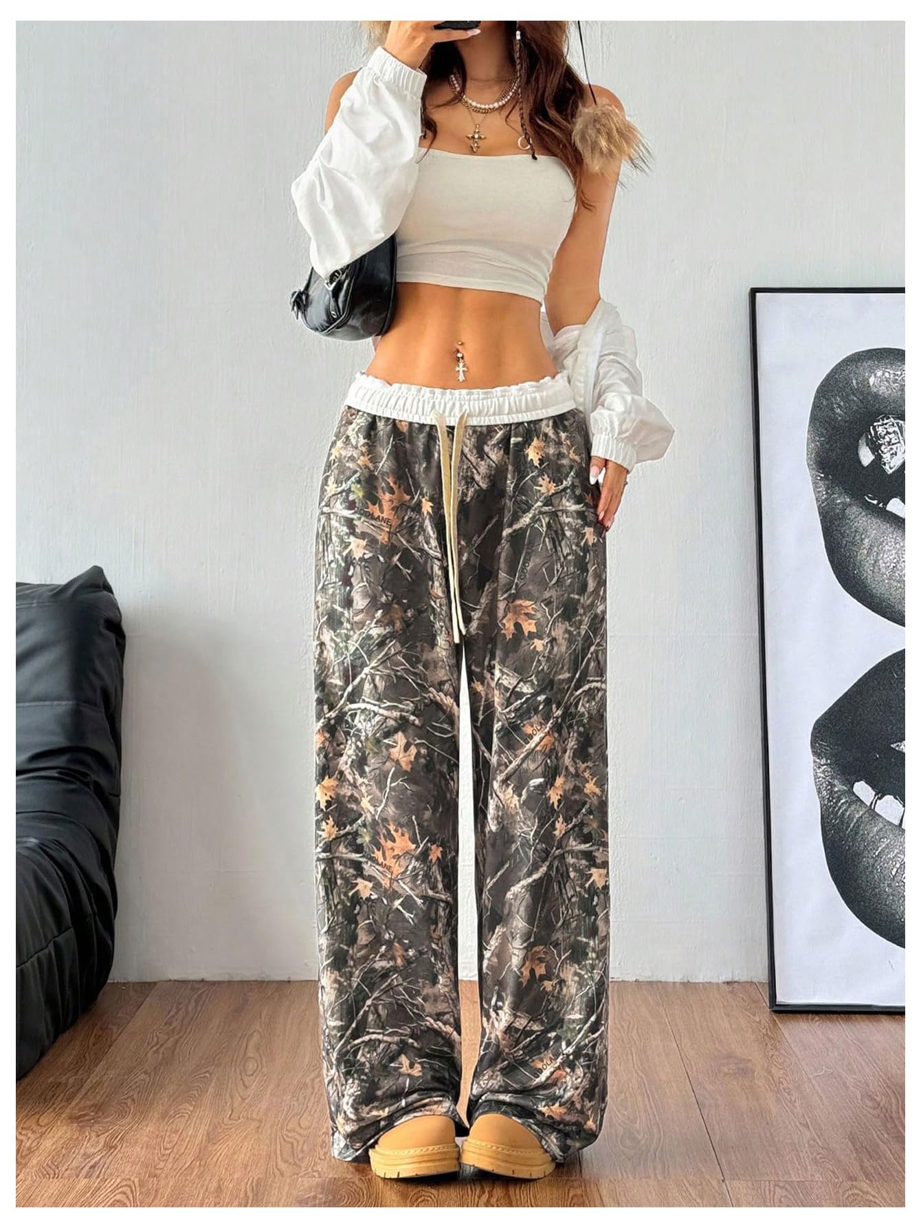 SOLY HUX Women's Camo Pants Wide Leg Baggy Sweatpants Elastic Waist Drawstring Loose Pants Green Camo Small