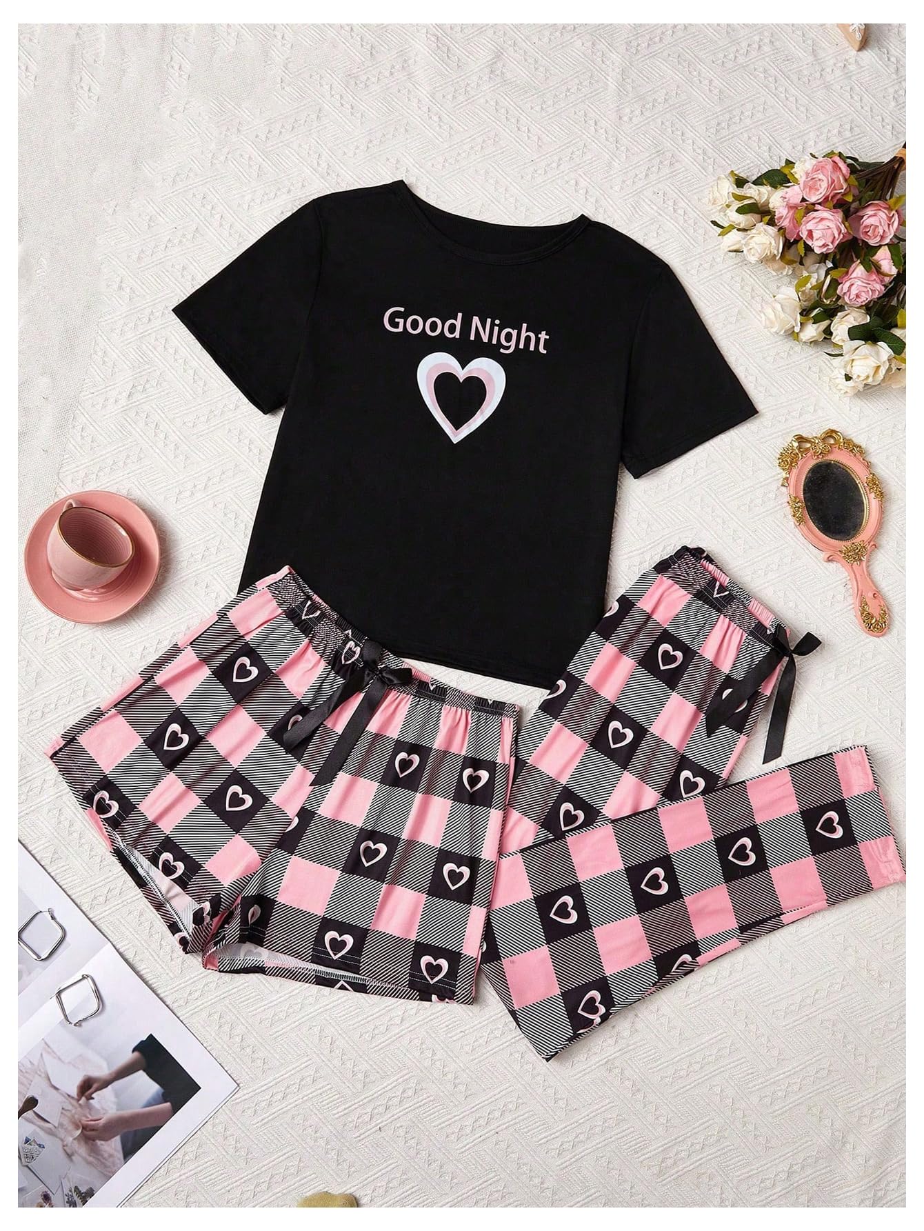 WDIRARA Women's 3 Piece Plaid Heart Print Pajama Set Short Sleeve Tee Lounge Shorts and Pants Sleepwear Multicolor Small