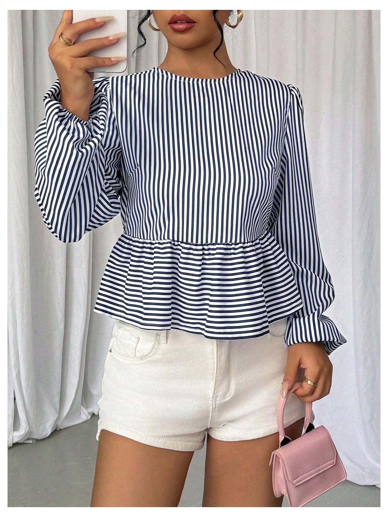 Milumia Women's Y2k Striped Bow Knot Blouse Long Sleeve Ruffle Hem Loose Fit Peplum Top Deep Blue