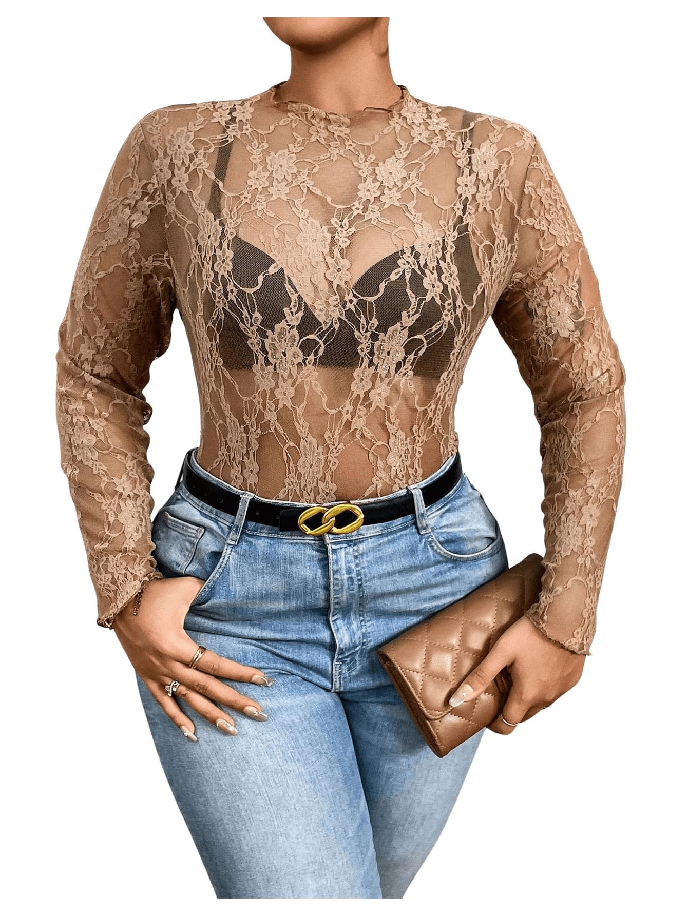 SHENHE Women's Plus Size Floral Lace Mesh Long Sleeve Sheer See Through Crop Top Sexy Blouse Brown 2XL