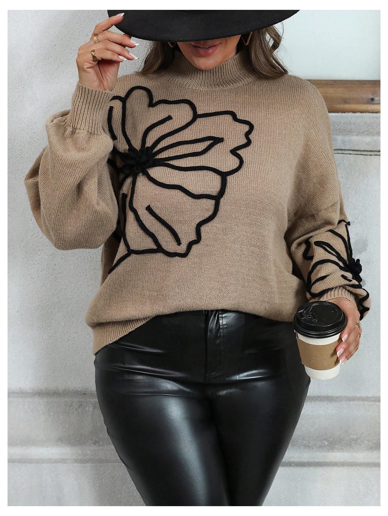 MakeMeChic Women's Plus Size Oversized Sweater Floral Pattern Long Sleeve Turtleneck Knitted Fall Sweaters Brown Large Plus