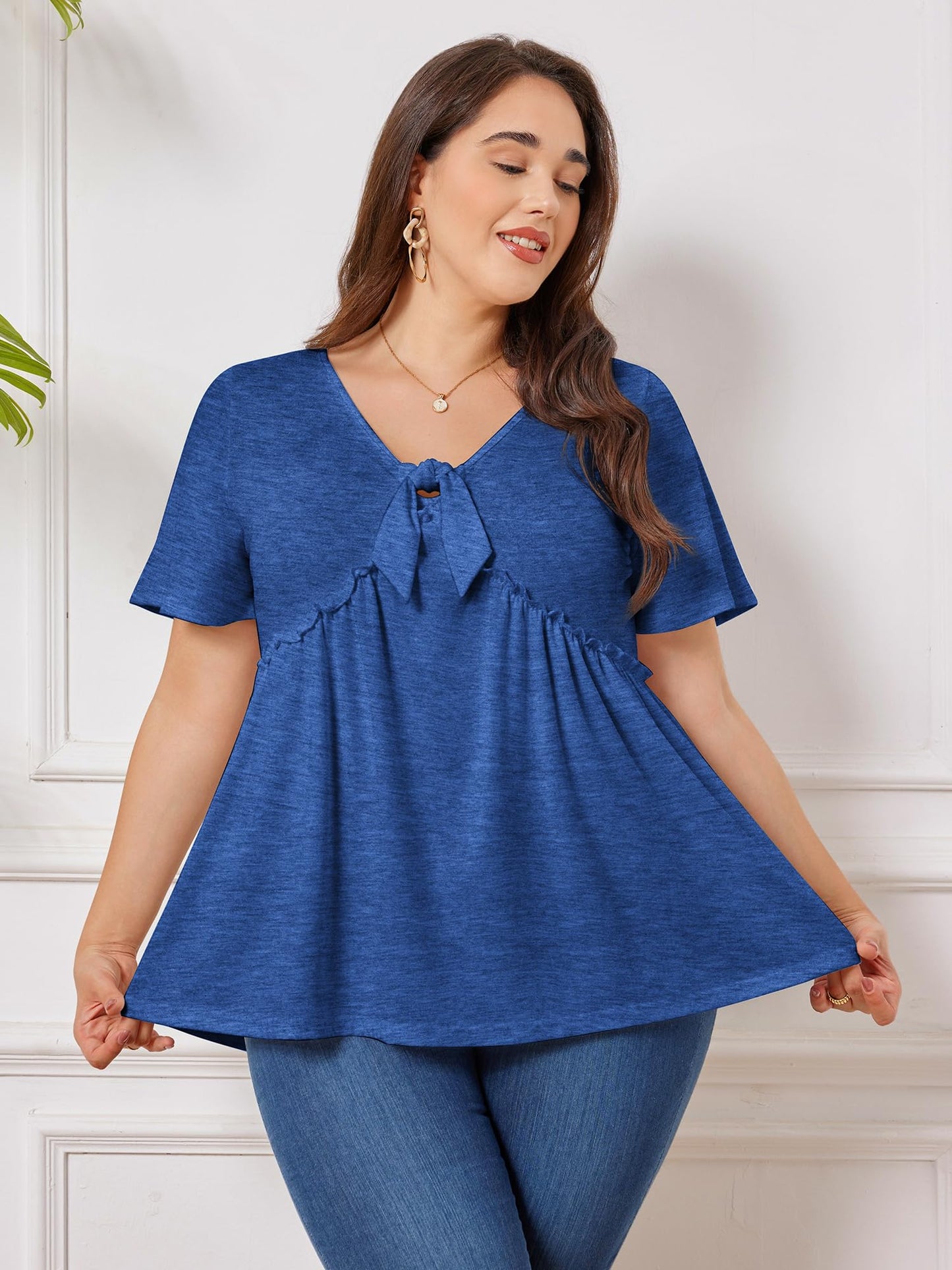 Bellcoco Womens Plus Size Tops Short Sleeve Tunic Wrap Top Cute Peplum Blouse Dressy Casual Snorkel Blue XL