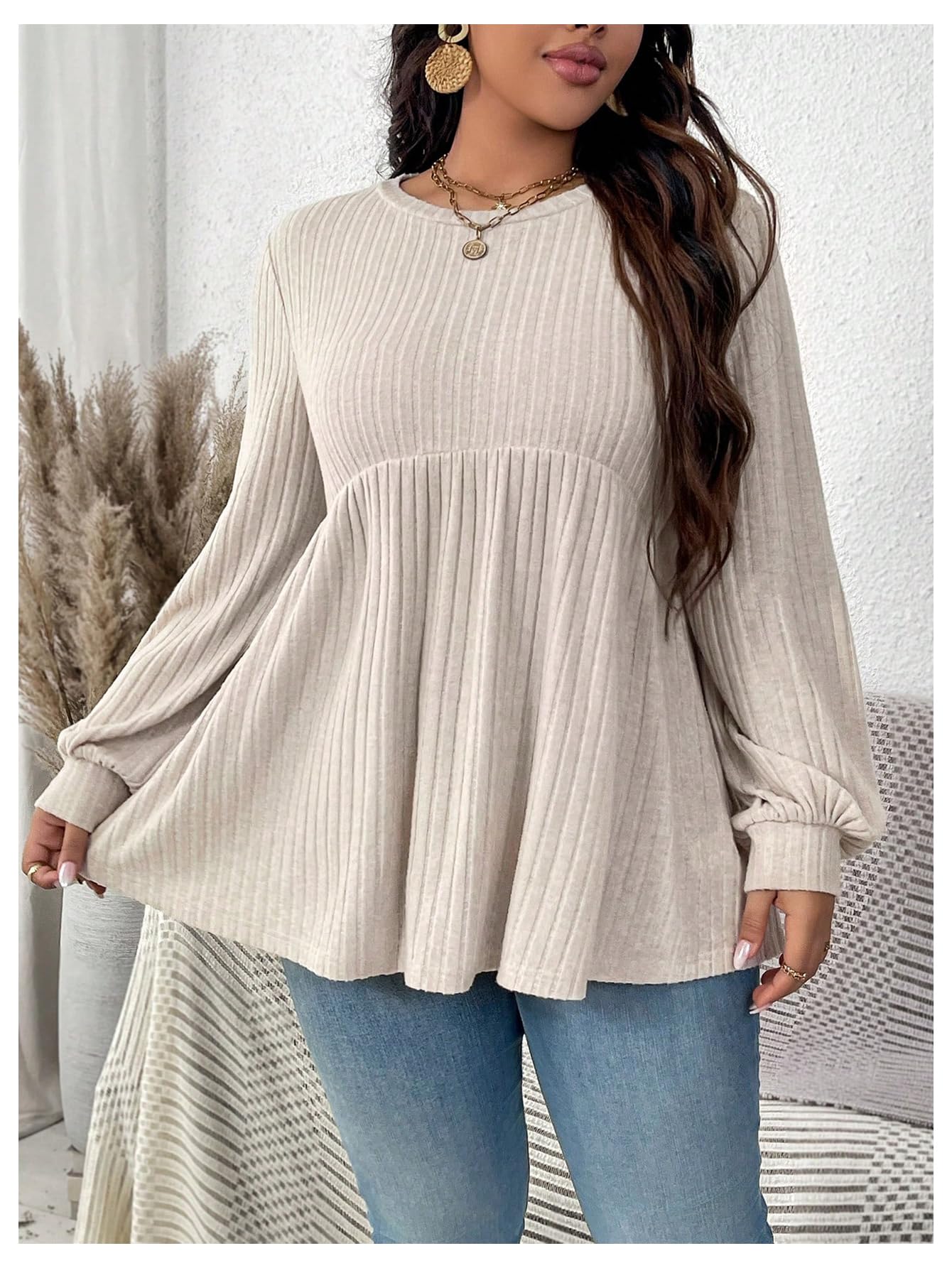 MakeMeChic Women's Plus Size Peplum Tops Crew Neck Ruffle Hem Long Sleeve Fall Cute Tops Tee Shirts Beige X-Large Plus