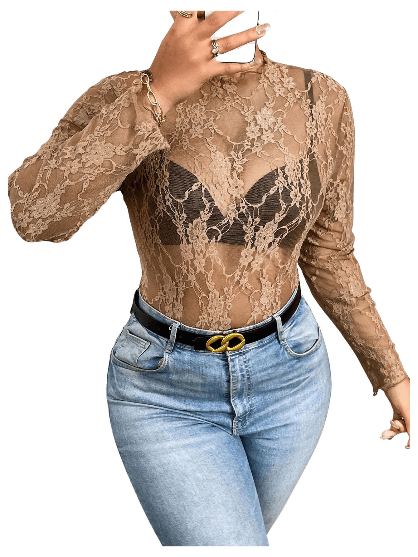 SHENHE Women's Plus Size Floral Lace Mesh Long Sleeve Sheer See Through Crop Top Sexy Blouse Brown 2XL