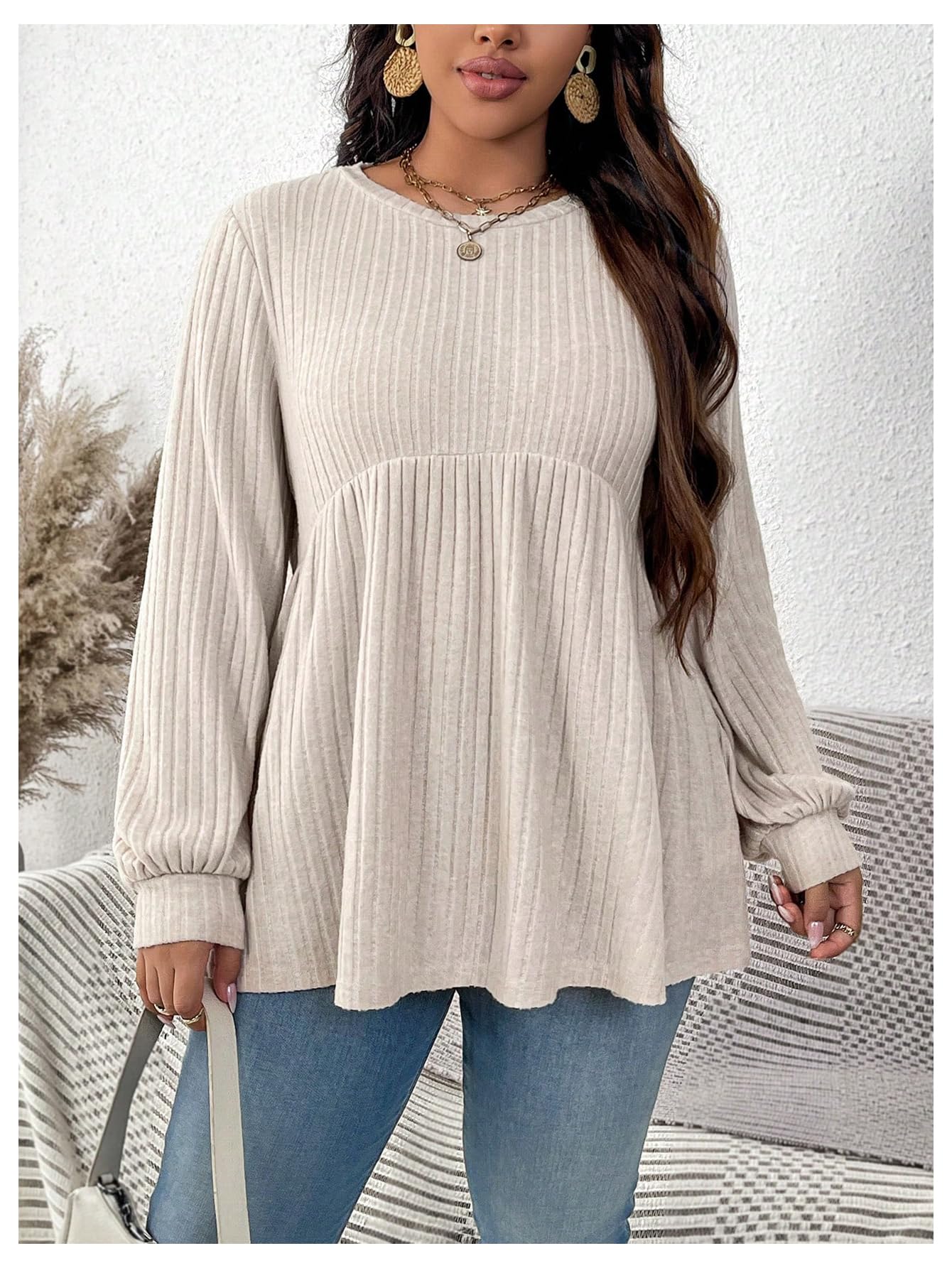 MakeMeChic Women's Plus Size Peplum Tops Crew Neck Ruffle Hem Long Sleeve Fall Cute Tops Tee Shirts Beige X-Large Plus