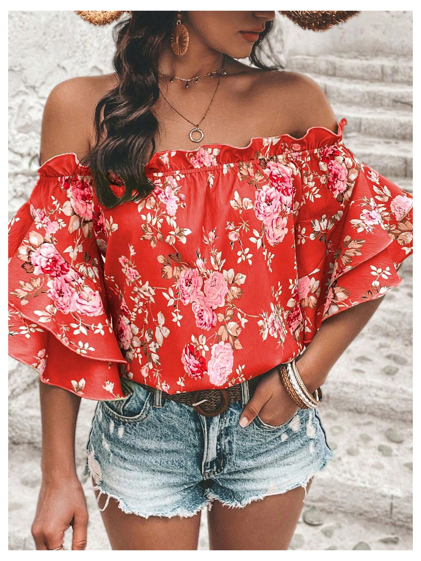 SOLY HUX Women's Floral Print Blouse Off Shoulder Ruffle Trim Half Sleeve Summer Tops Red Floral X-Large