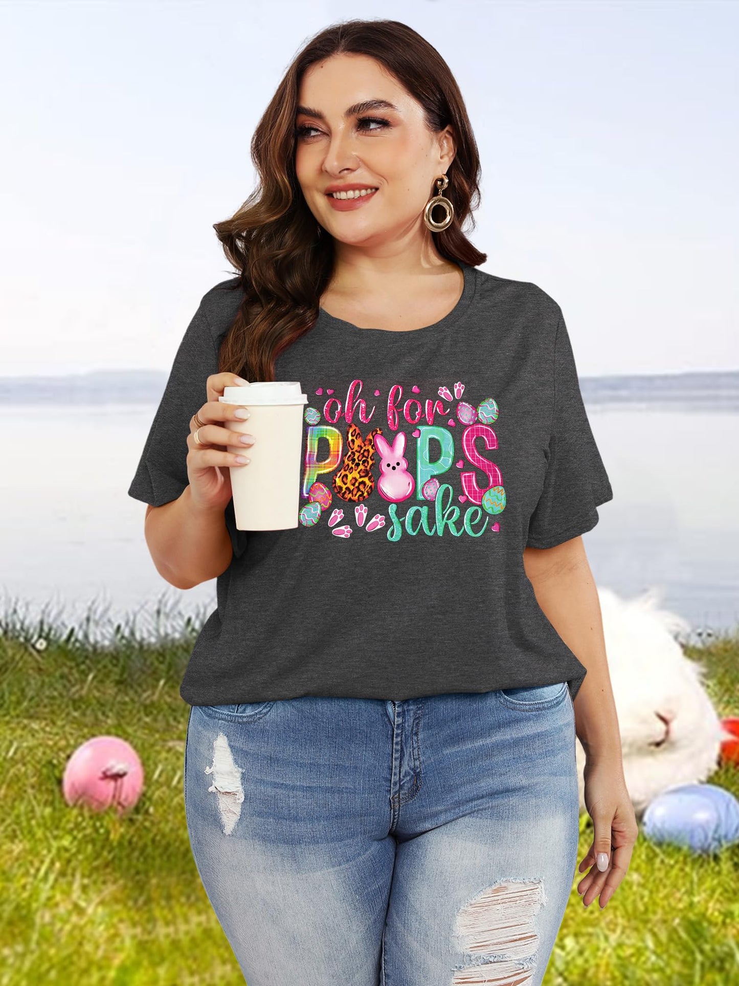 Plus Size Happy Easter Shirt Funny Cute Bunny Rabbit Graphic Short Sleeve Tee Top（Purple,2XL