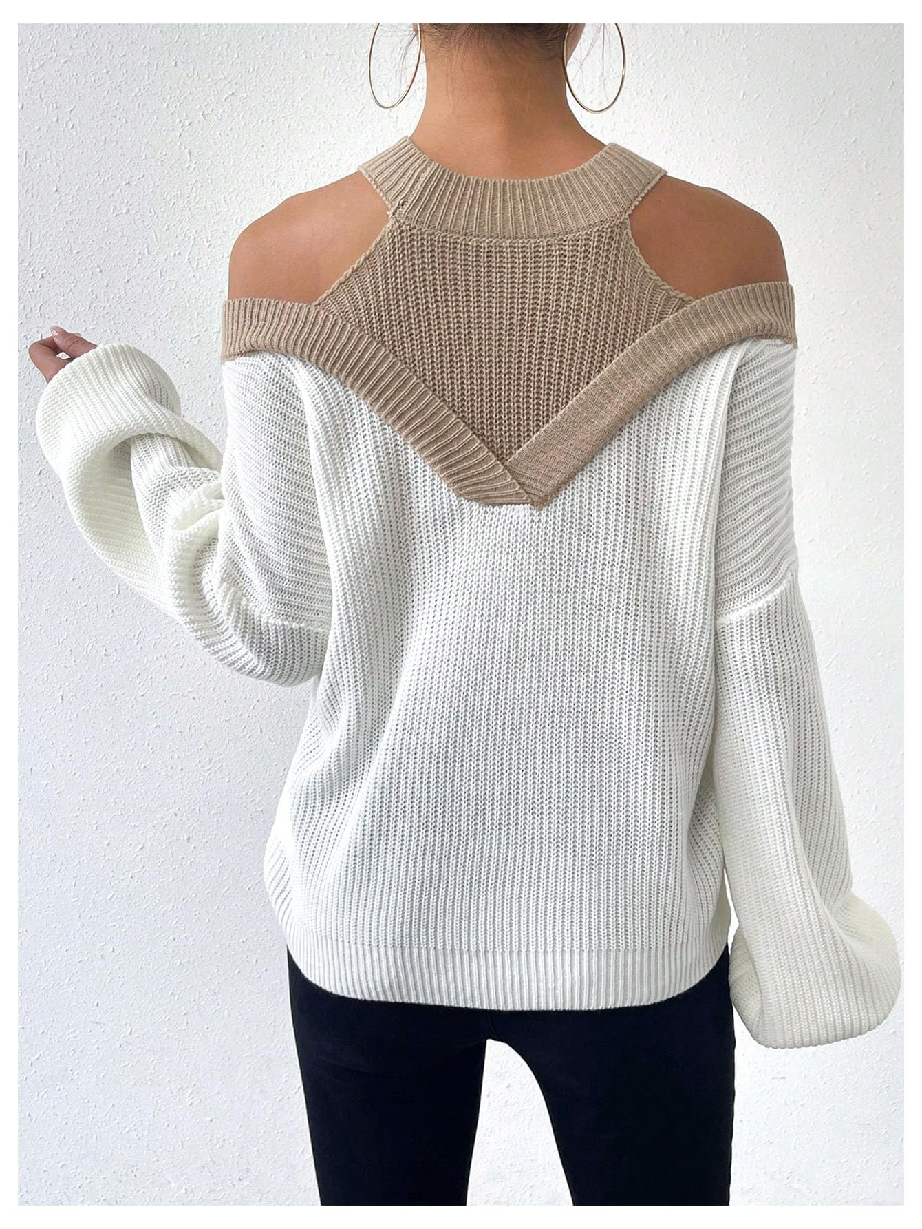 Milumia Women's Fall Color Block Off The Shoulder Crew Neck Long Sleeve Knitted Pullover Sweater White and Brown Large