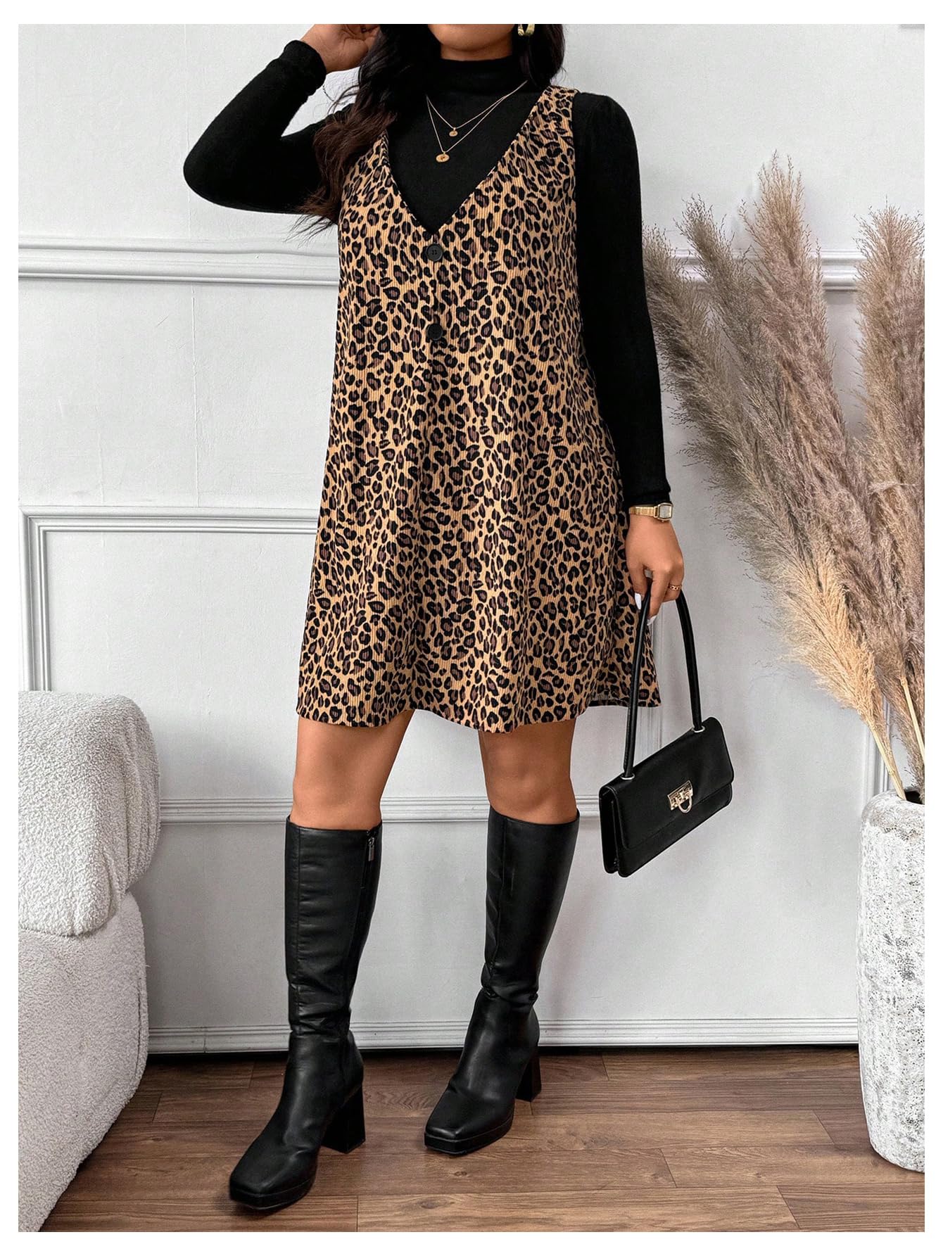 SOLY HUX Women's Plus Size Leopard Print V Neck Short Dress Sleeveless Overall Flowy Fall Dresses Brown Leopard X-Large Plus